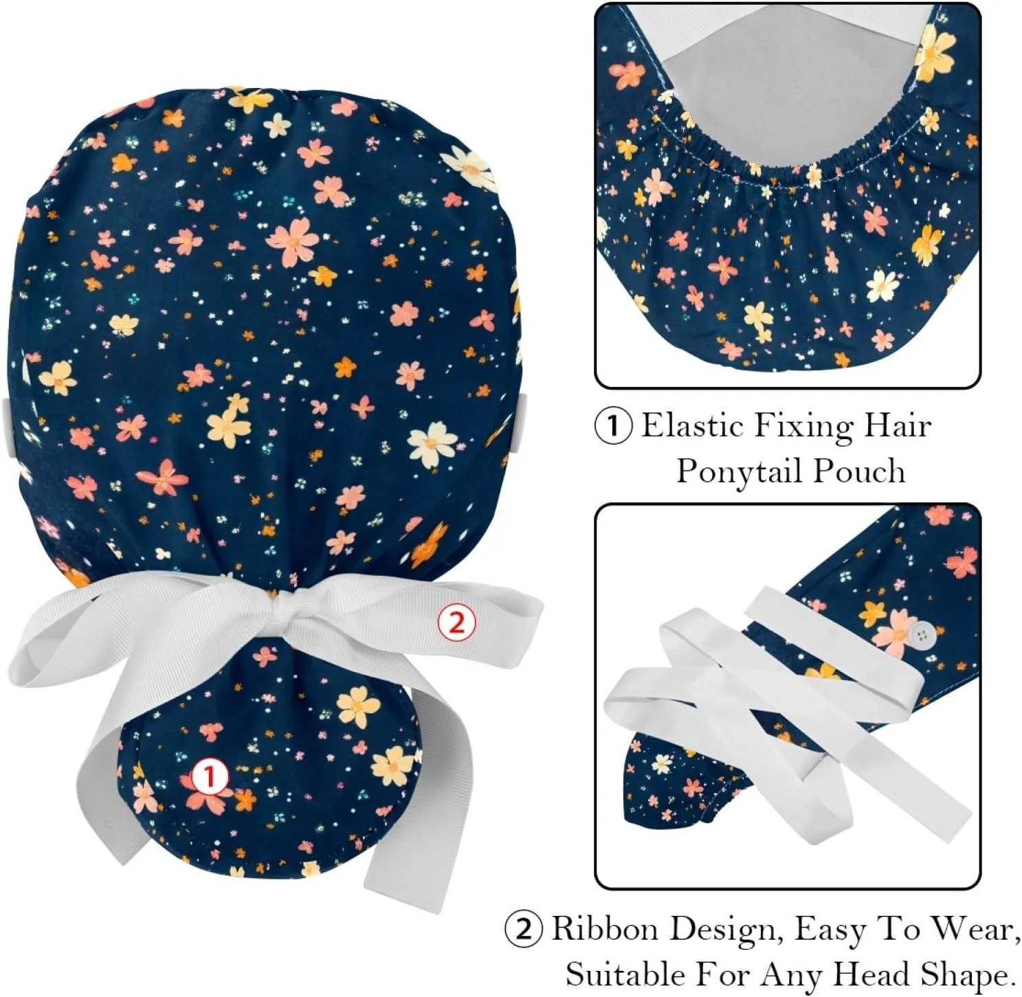 2 Pcs Womens Working Caps with Button Ocean Turtle Long Hair Cover Ribbon Lace-Up Hat