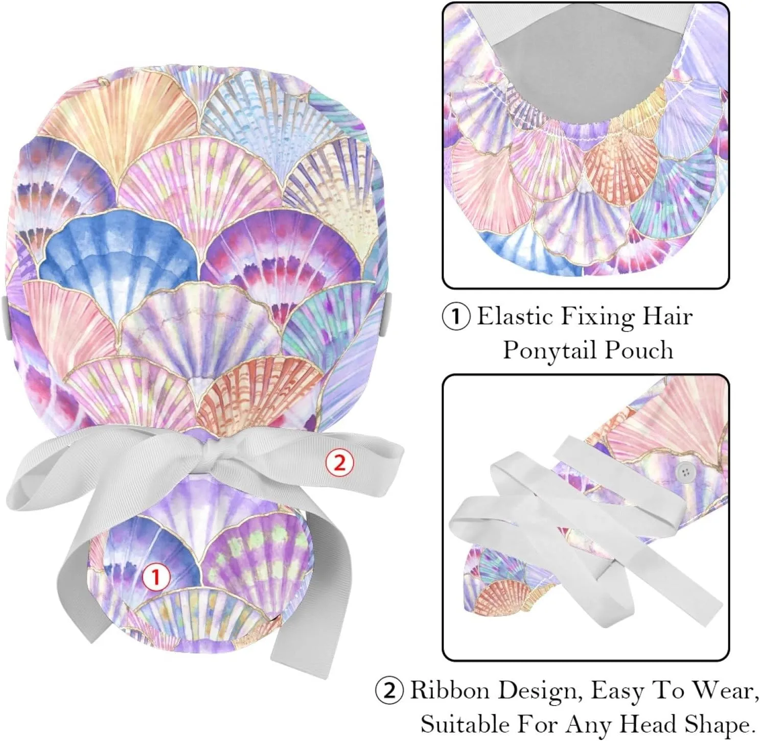 2 Pcs Womens Working Caps with Button Ocean Turtle Long Hair Cover Ribbon Lace-Up Hat