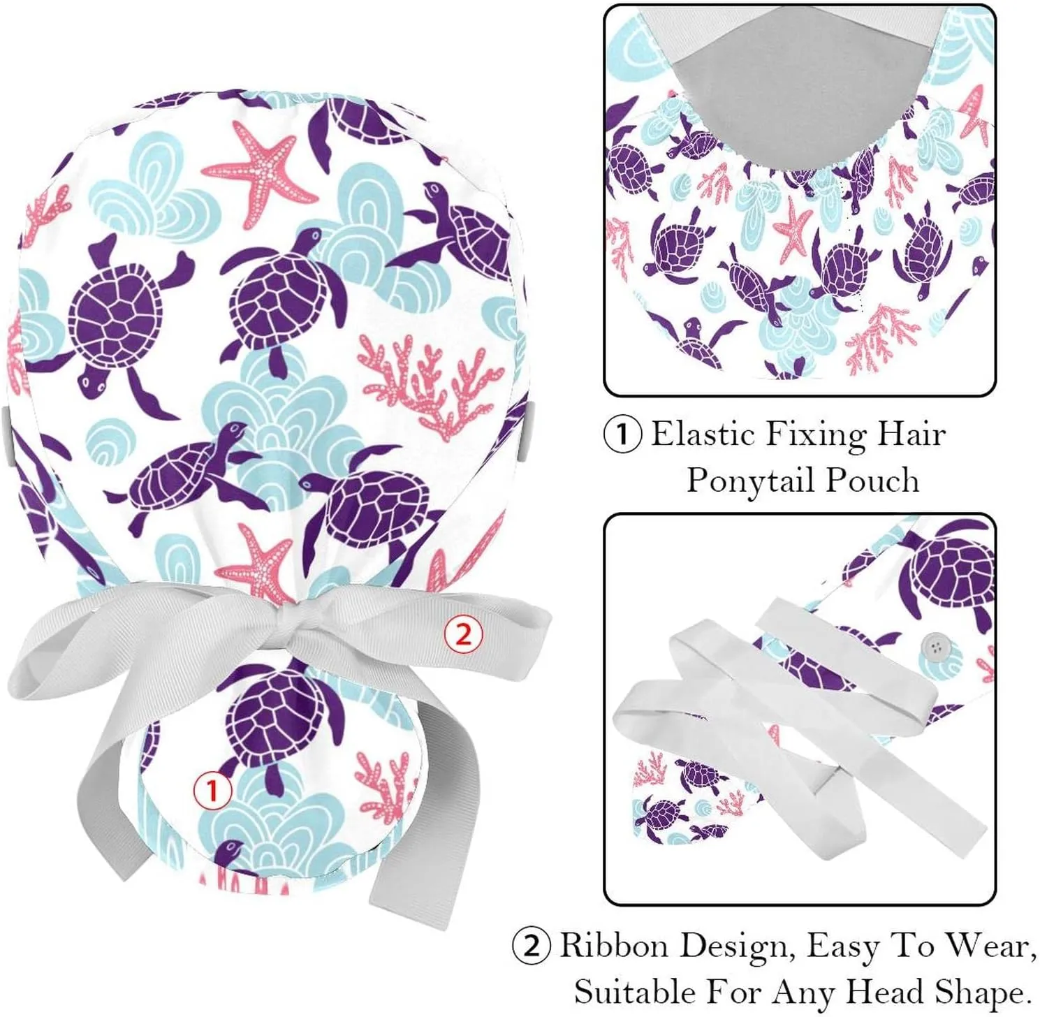 2 Pcs Womens Working Caps with Button Ocean Turtle Long Hair Cover Ribbon Lace-Up Hat