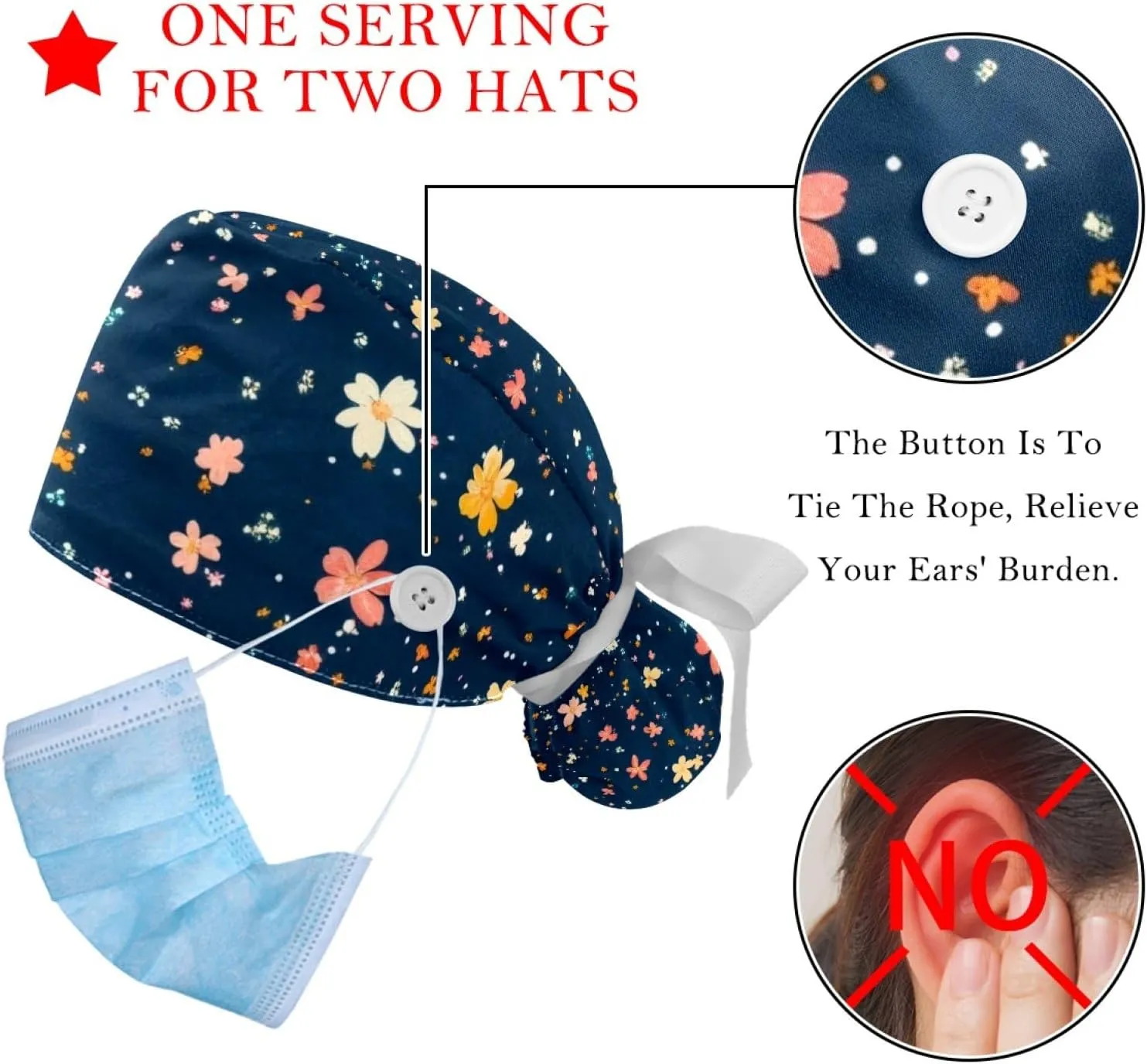 2 Pcs Womens Working Caps with Button Ocean Turtle Long Hair Cover Ribbon Lace-Up Hat