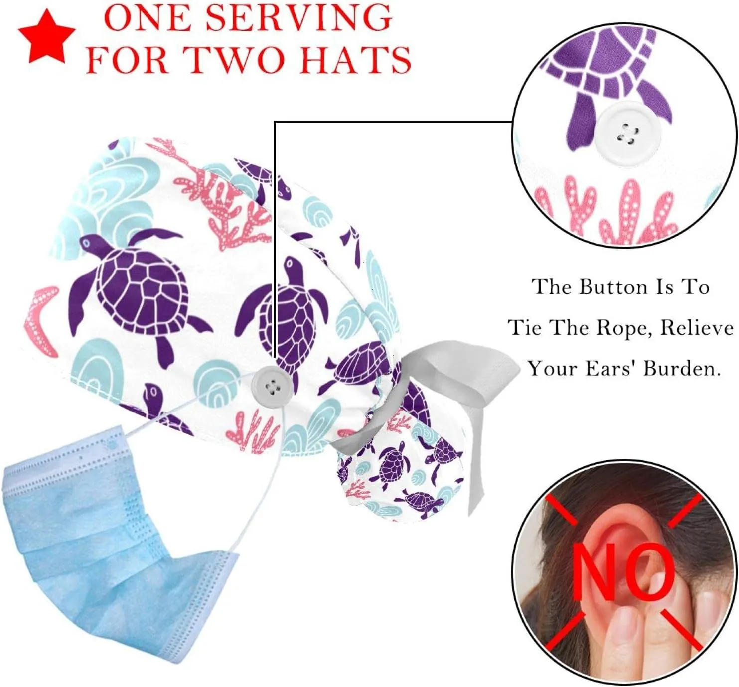 2 Pcs Womens Working Caps with Button Ocean Turtle Long Hair Cover Ribbon Lace-Up Hat