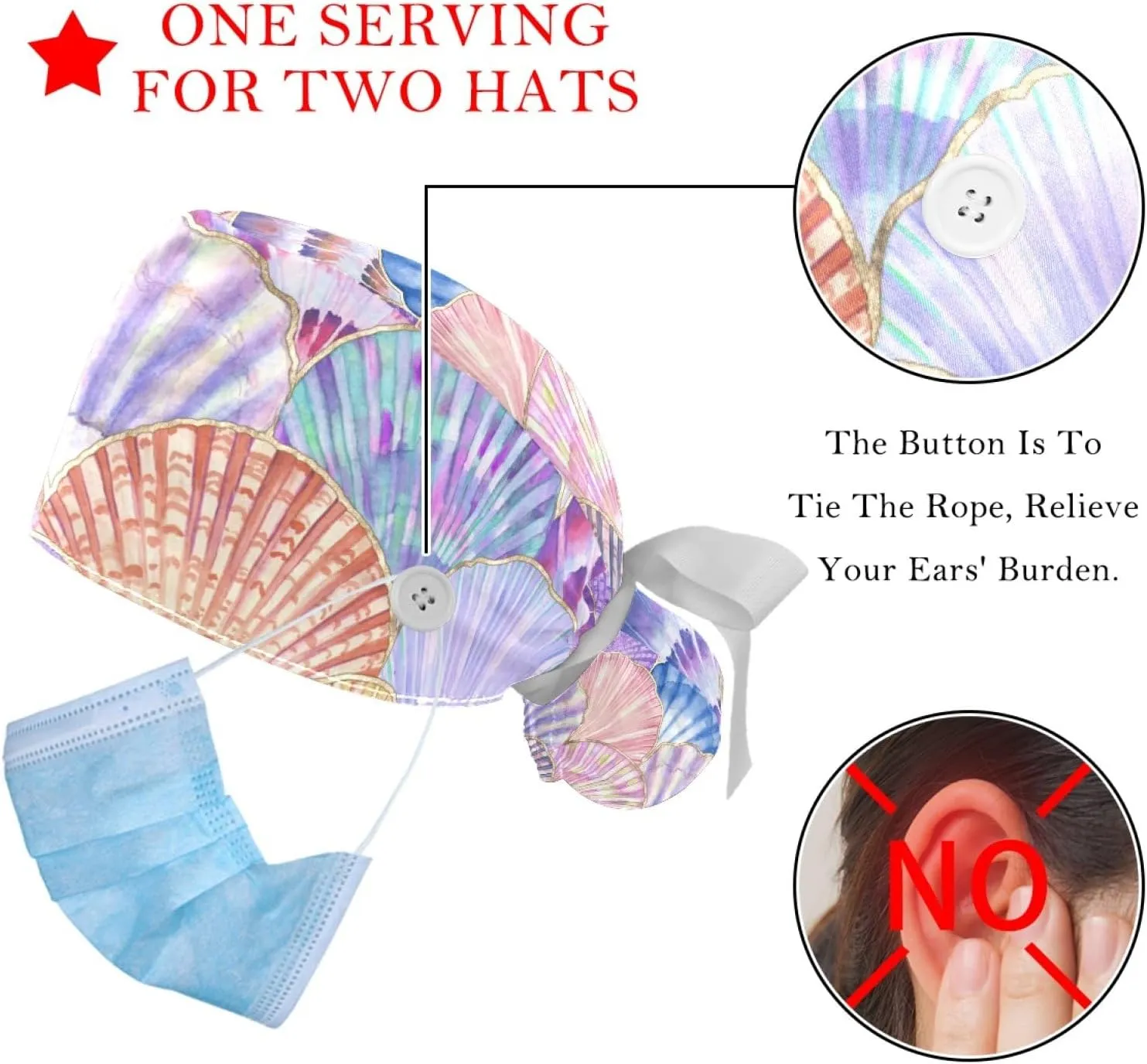 2 Pcs Womens Working Caps with Button Ocean Turtle Long Hair Cover Ribbon Lace-Up Hat
