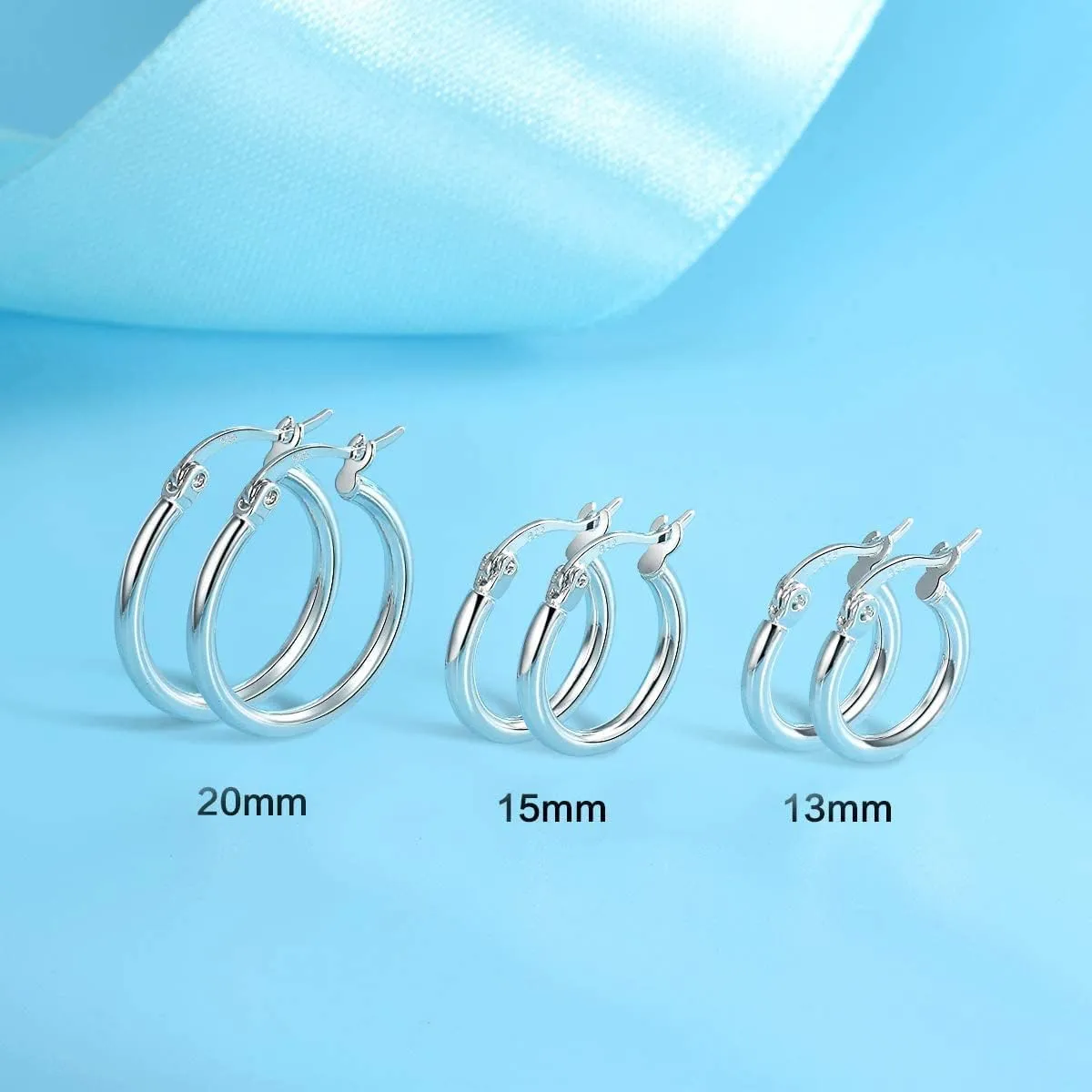 3 Pairs 925 Sterling Silver Hoop Earrings | Small White Gold Plated Hoop Earrings for Women (13mm,15mm,20mm25mm,30mm,40mm,50mm,60mm)