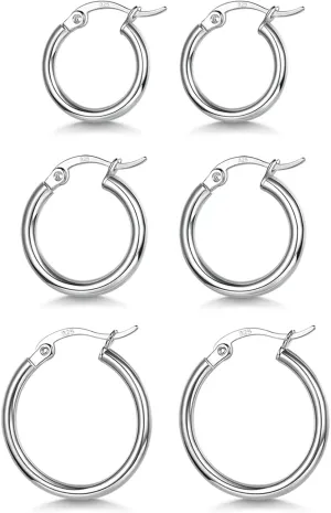 3 Pairs 925 Sterling Silver Hoop Earrings | Small White Gold Plated Hoop Earrings for Women (13mm,15mm,20mm25mm,30mm,40mm,50mm,60mm)