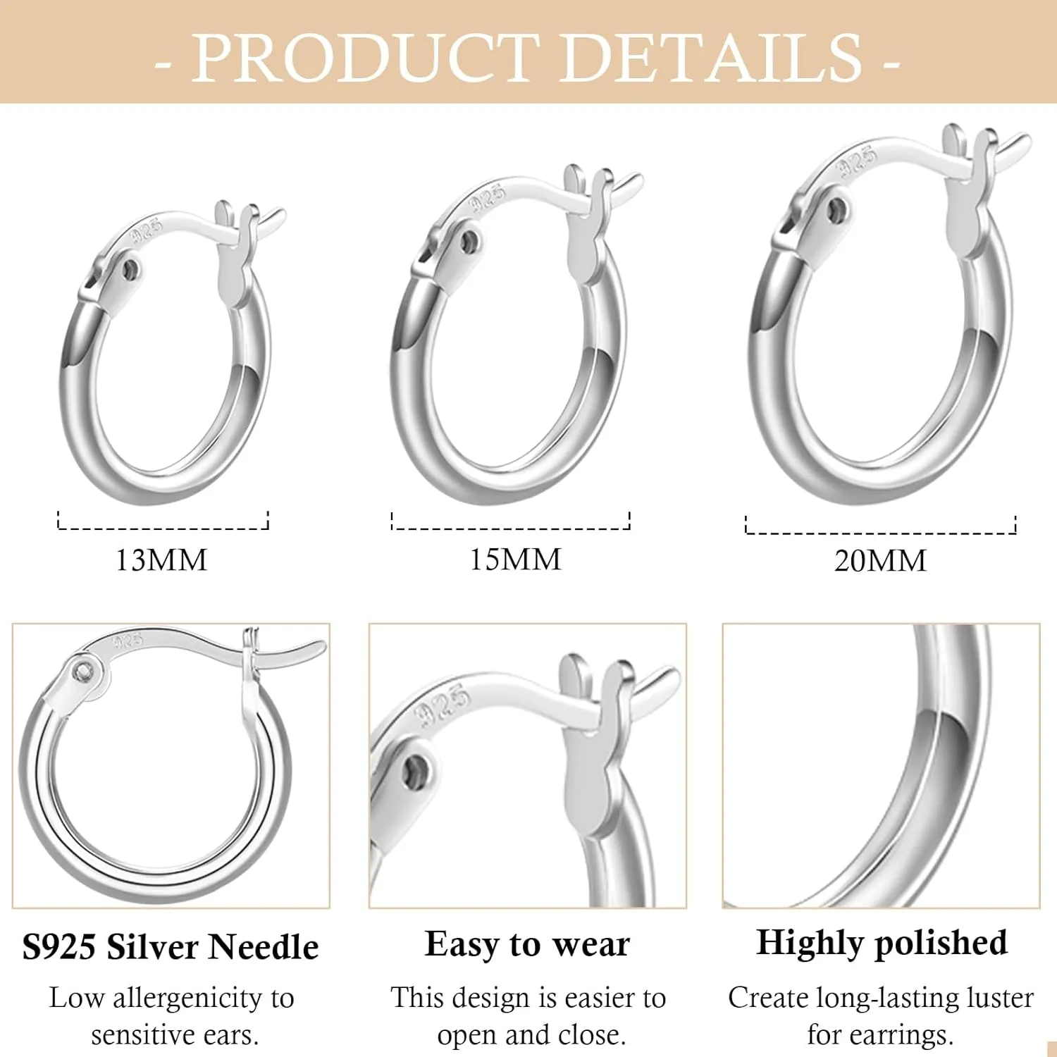 3 Pairs 925 Sterling Silver Hoop Earrings | Small White Gold Plated Hoop Earrings for Women (13mm,15mm,20mm25mm,30mm,40mm,50mm,60mm)