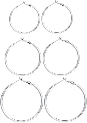 3 Pairs Sterling Silver Hoop Earrings, 14K White Gold Plated Big Hoop Earrings Set for Women 40 50 60MM