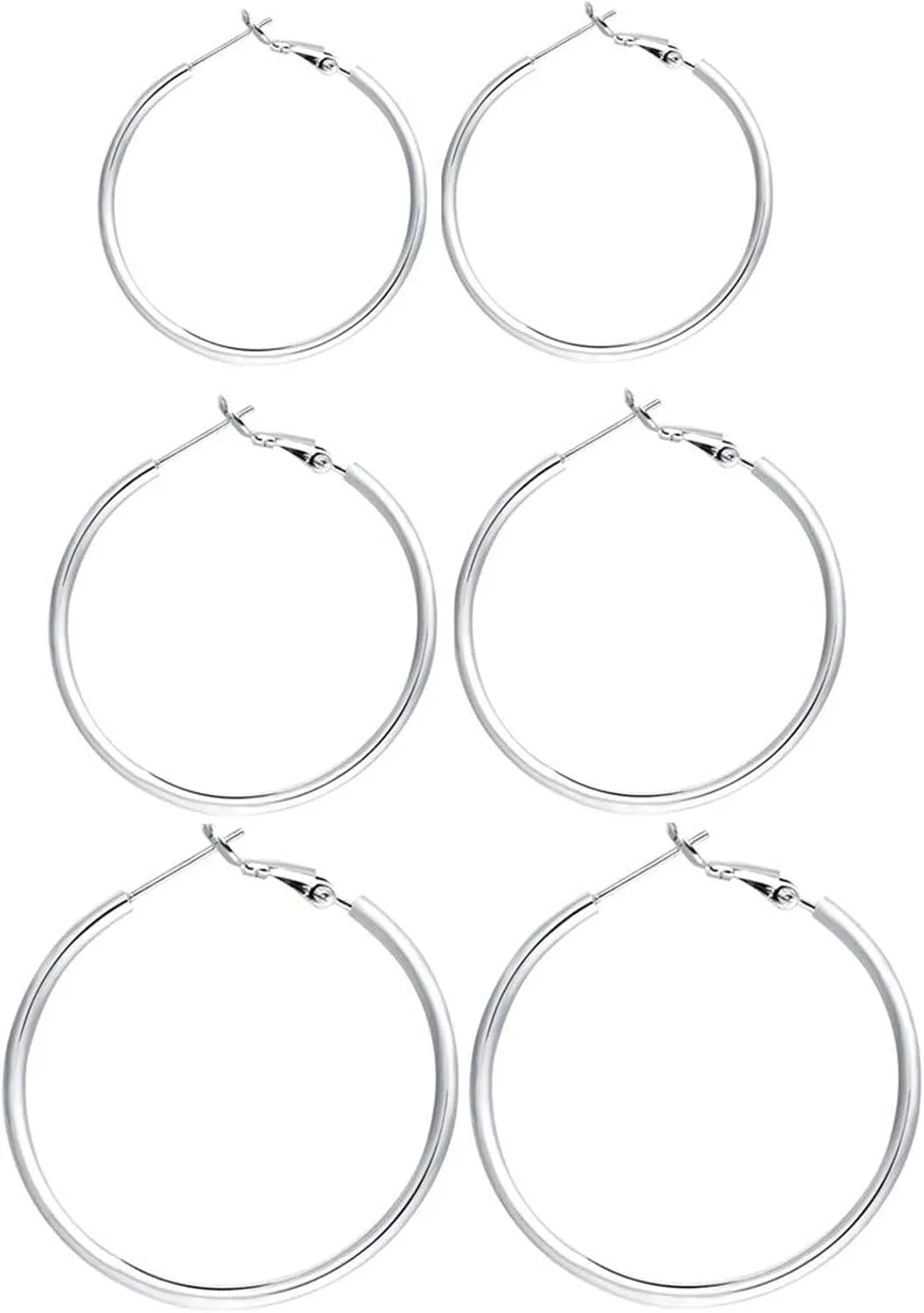 3 Pairs Sterling Silver Hoop Earrings, 14K White Gold Plated Big Hoop Earrings Set for Women 40 50 60MM