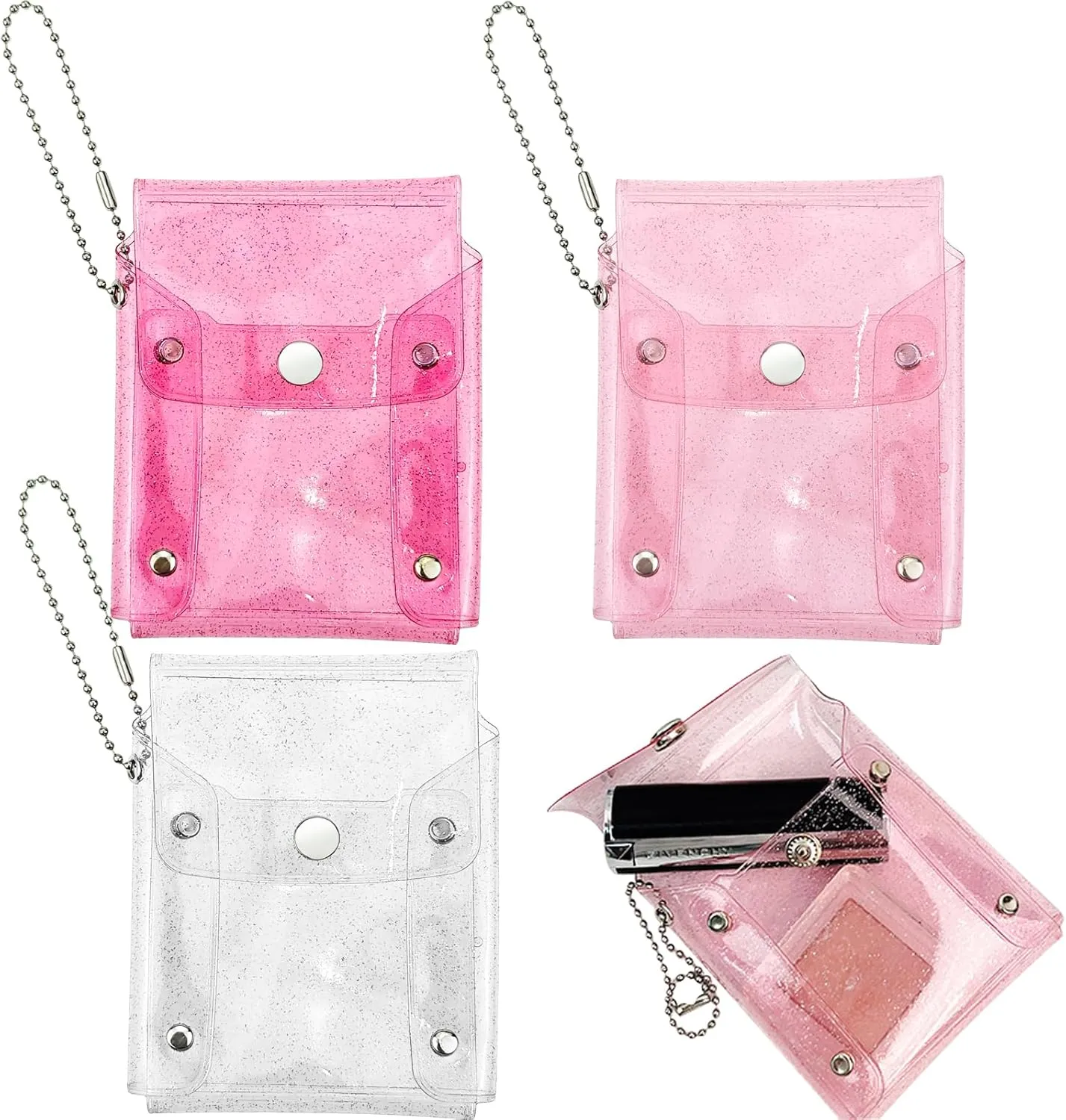 3PCS Lipstick Case Keychain, Mini Makeup Bag for Purse, Waterproof Vertical Clear Lipstick Pouch Organizer Cute Coin Purse Wallet Card Holder Data Cable Organizer for Small Items