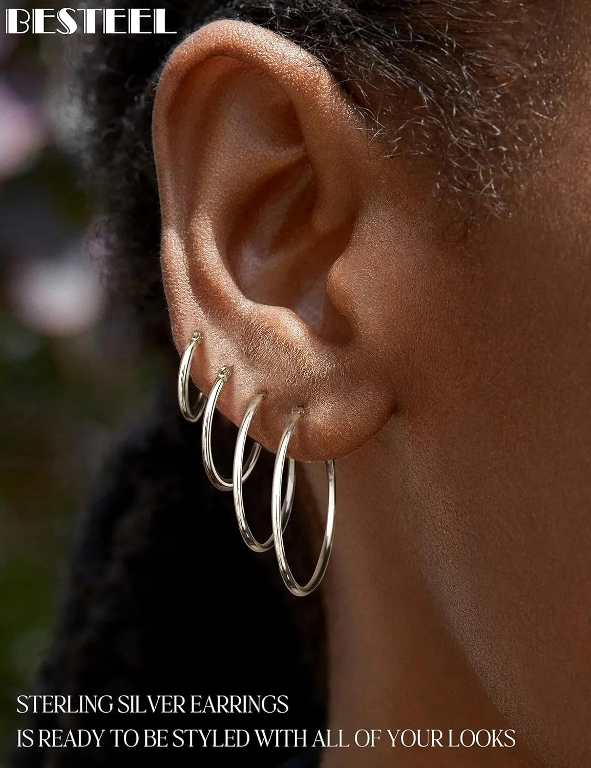 4 Pairs Sterling Silver Hoop Earrings for Women - Small 14K Gold Plated Hoop Earring Set, Hypoallergenic Lightweight Thin Silver Hoops for Sensitive Ears- Medium Big Stack Earrings for Women Gift