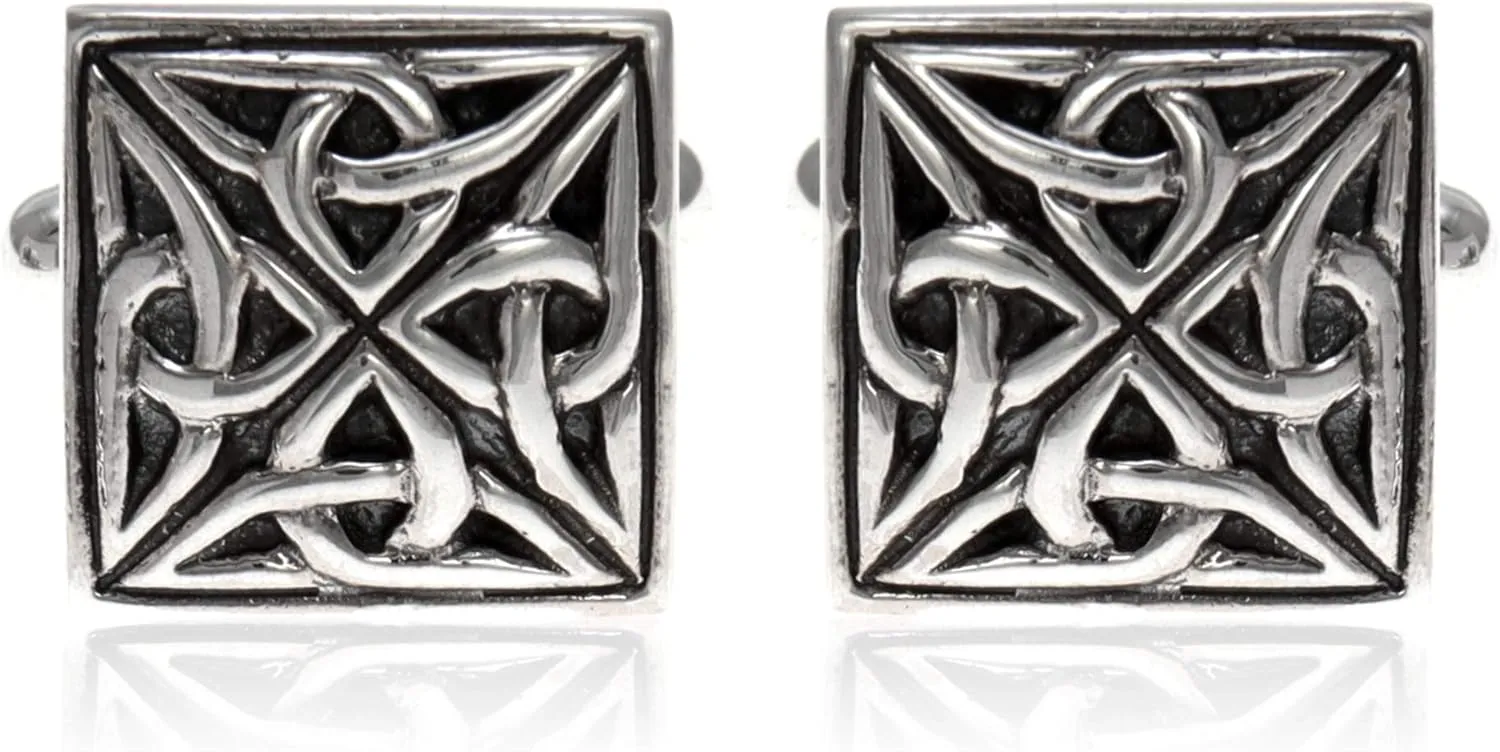 Alexander Castle Men's Cufflinks 925 Sterling Silver Oxidized Celtic Cufflinks 15mm Square Celtic Trinity Cufflinks with Jewelry Gift Box