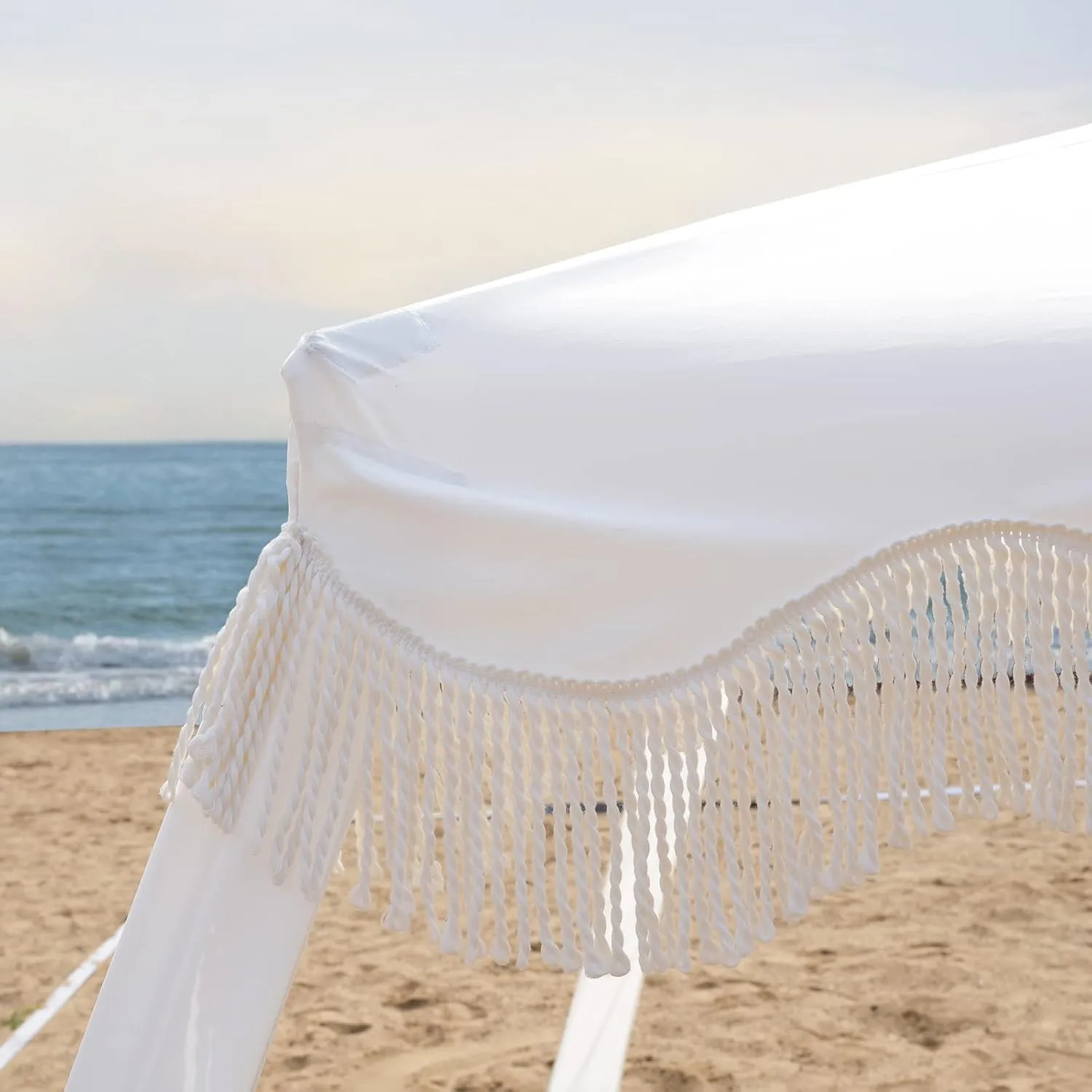 AMMSUN Beach Cabana with Fringe, 6'6' Boho Beach Canopy with Tassels, Easy Set up & Premium Wood Pole, Cabana Tent with Sand Pockets, Instant Sun Shade for Sand, Garden, Patio, Elegant White