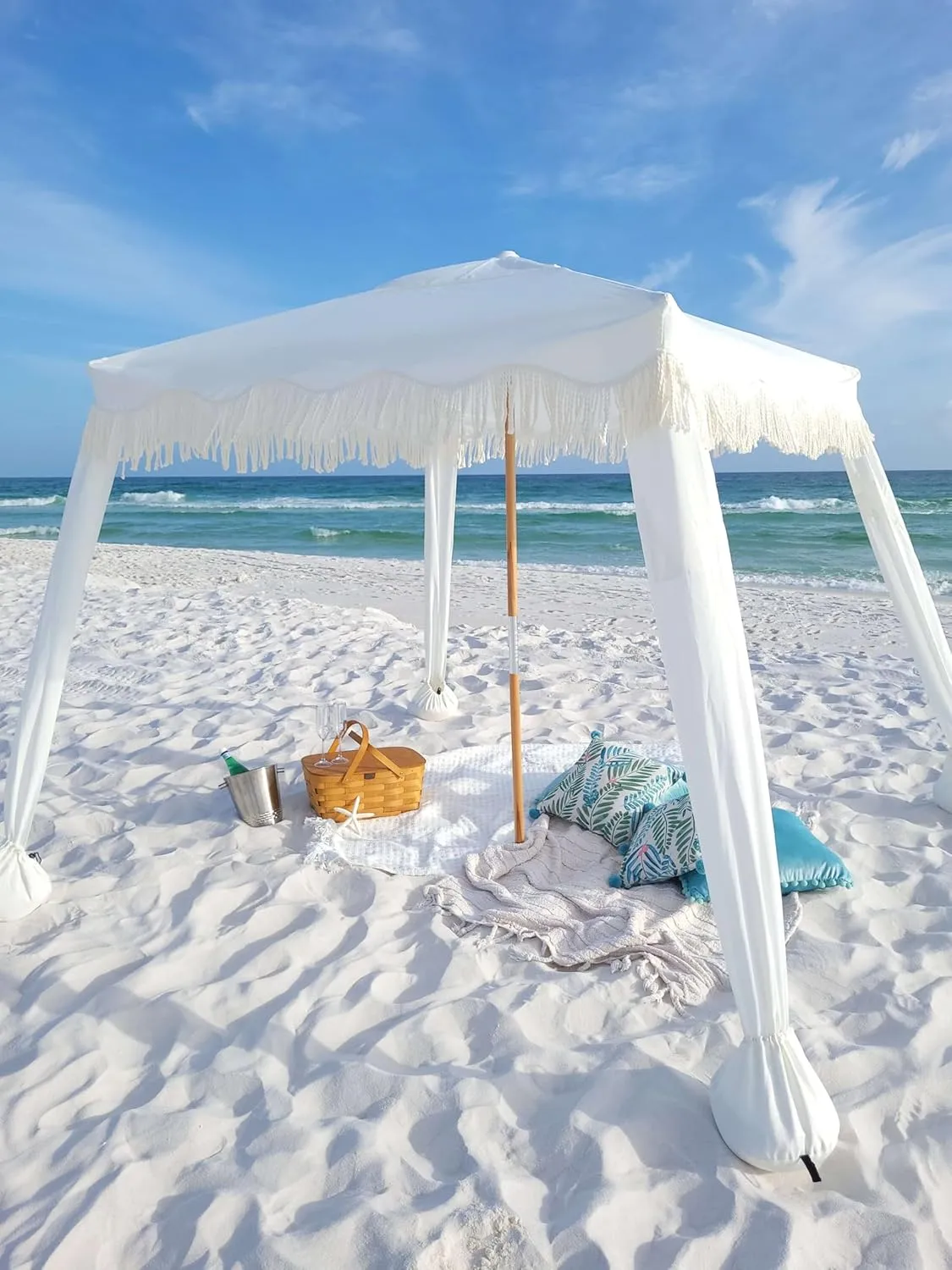 AMMSUN Beach Cabana with Fringe, 6'6' Boho Beach Canopy with Tassels, Easy Set up & Premium Wood Pole, Cabana Tent with Sand Pockets, Instant Sun Shade for Sand, Garden, Patio, Elegant White