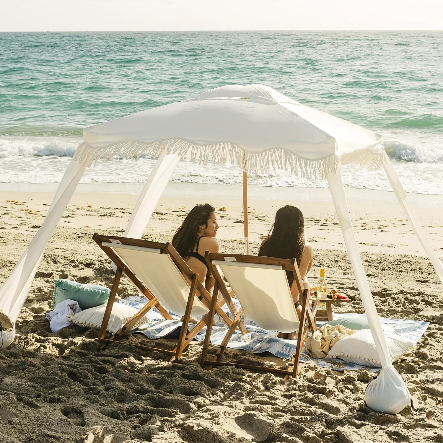 AMMSUN Beach Cabana with Fringe, 6'6' Boho Beach Canopy with Tassels, Easy Set up & Premium Wood Pole, Cabana Tent with Sand Pockets, Instant Sun Shade for Sand, Garden, Patio, Elegant White