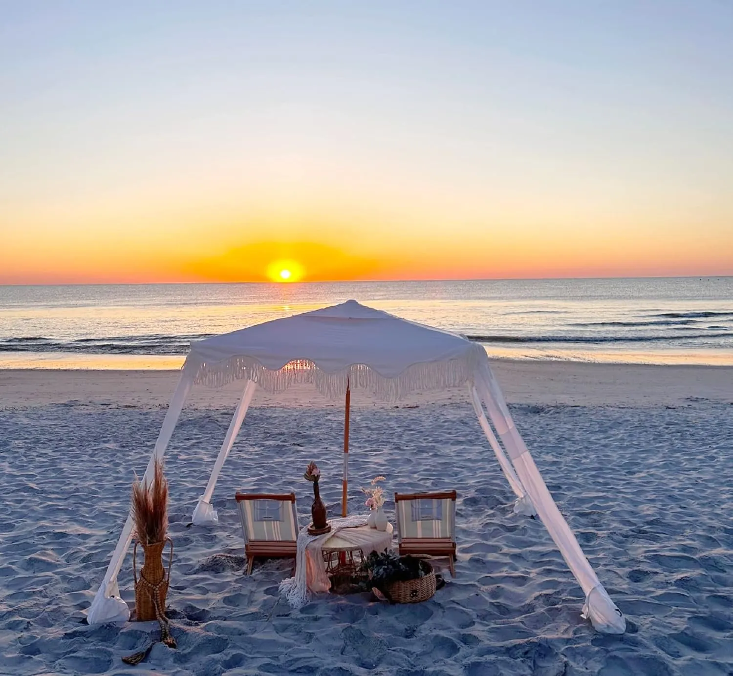 AMMSUN Beach Cabana with Fringe, 6'6' Boho Beach Canopy with Tassels, Easy Set up & Premium Wood Pole, Cabana Tent with Sand Pockets, Instant Sun Shade for Sand, Garden, Patio, Elegant White
