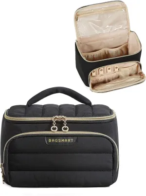 BAGSMART Travel Makeup Bag with Jewelry Organizer, Portable Make Up Bag, Puffy Wide-Opening Cosmetic Storage Pouch for Womens Toiletries and Travel Essentials (Black)
