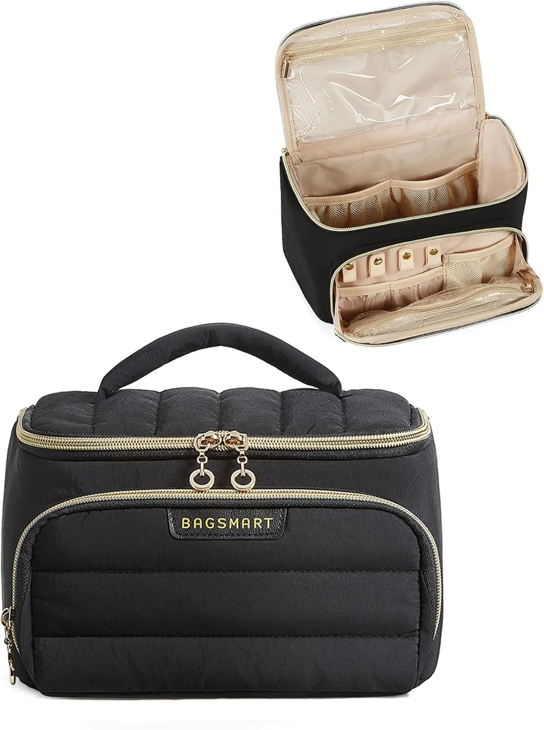 BAGSMART Travel Makeup Bag with Jewelry Organizer, Portable Make Up Bag, Puffy Wide-Opening Cosmetic Storage Pouch for Womens Toiletries and Travel Essentials (Black)