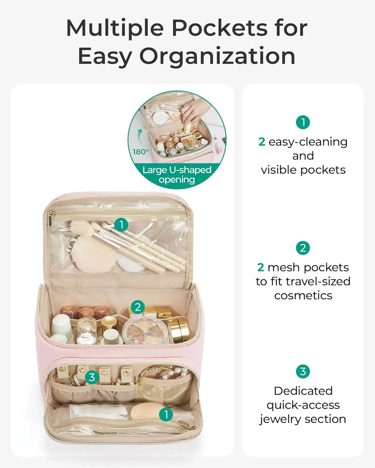 BAGSMART Travel Makeup Bag with Jewelry Organizer, Portable Make Up Bag, Puffy Wide-Opening Cosmetic Storage Pouch for Womens Toiletries and Travel Essentials (Brown)