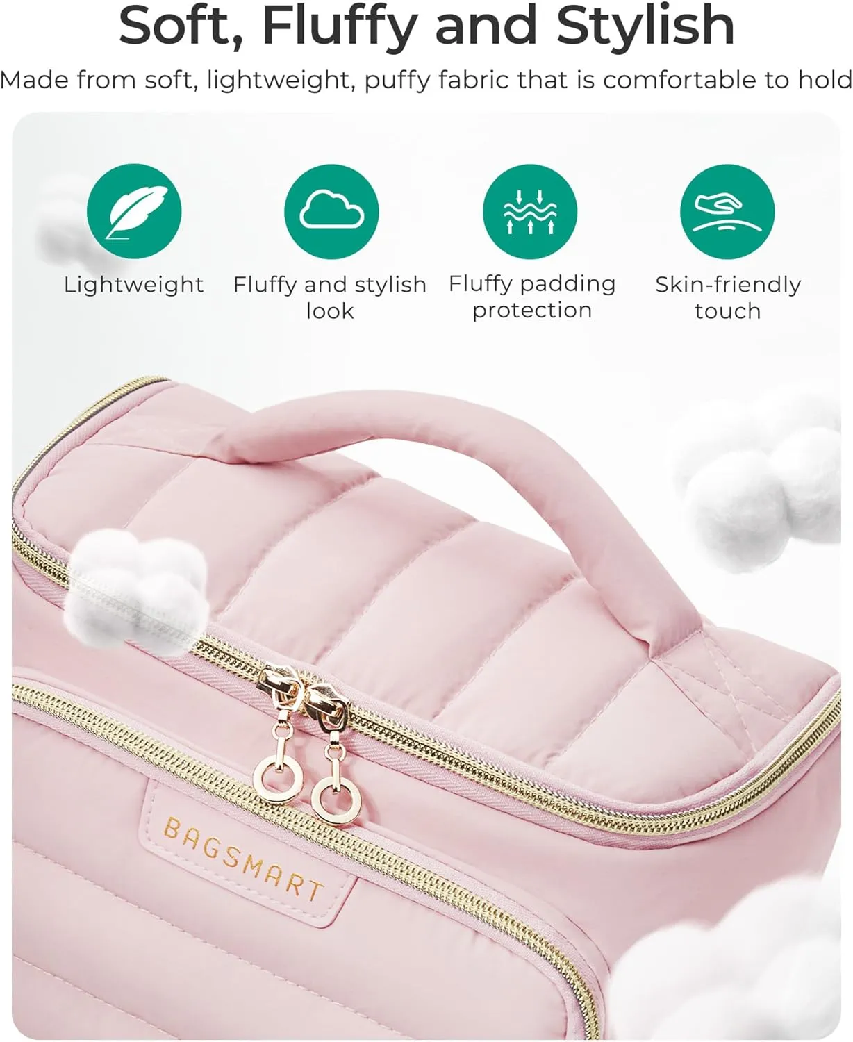 BAGSMART Travel Makeup Bag with Jewelry Organizer, Portable Make Up Bag, Puffy Wide-Opening Cosmetic Storage Pouch for Womens Toiletries and Travel Essentials (Brown)