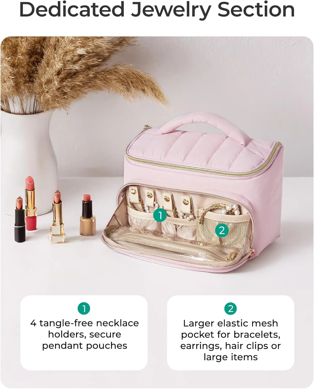 BAGSMART Travel Makeup Bag with Jewelry Organizer, Portable Make Up Bag, Puffy Wide-Opening Cosmetic Storage Pouch for Womens Toiletries and Travel Essentials (Brown)