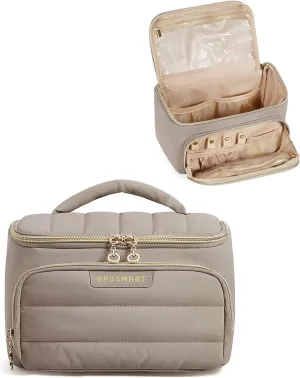 BAGSMART Travel Makeup Bag with Jewelry Organizer, Portable Make Up Bag, Puffy Wide-Opening Cosmetic Storage Pouch for Womens Toiletries and Travel Essentials (Brown)