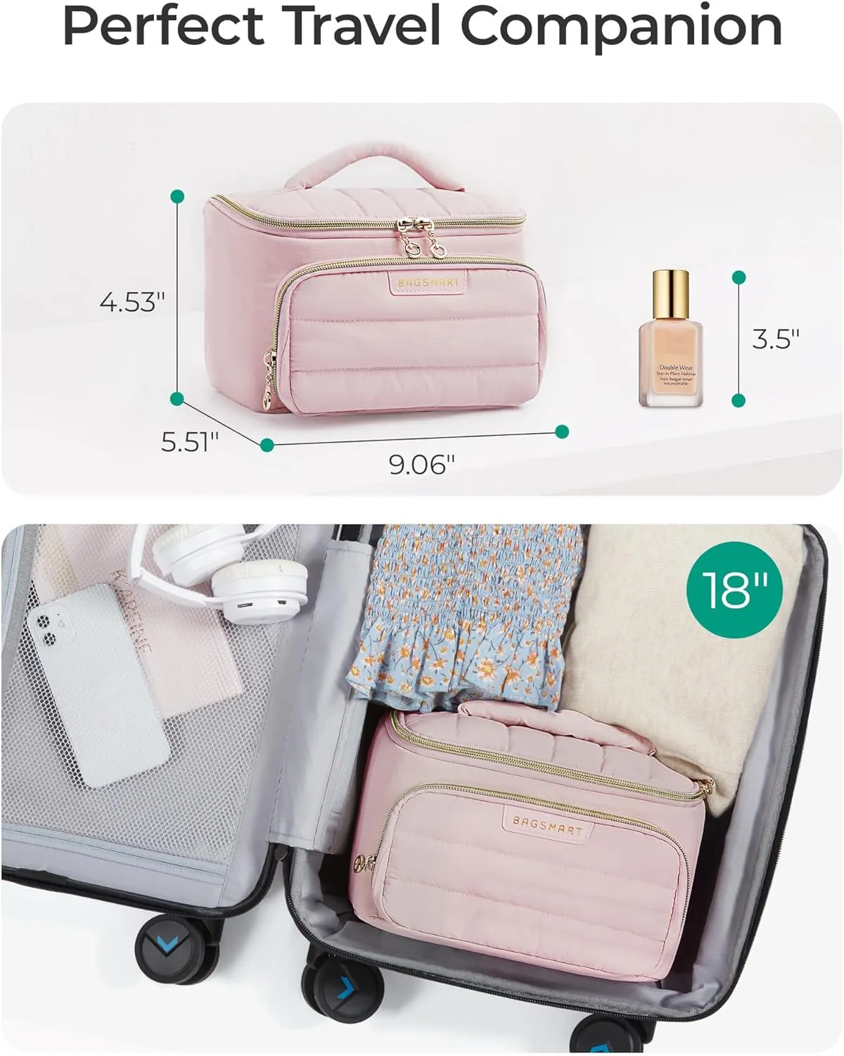BAGSMART Travel Makeup Bag with Jewelry Organizer, Portable Make Up Bag, Puffy Wide-Opening Cosmetic Storage Pouch for Womens Toiletries and Travel Essentials (Dark Pink)