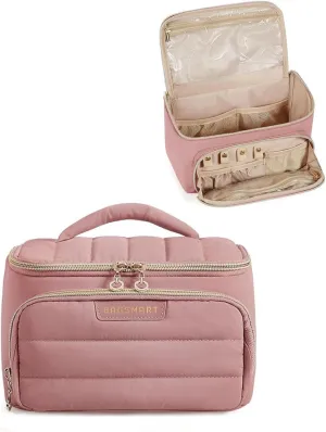 BAGSMART Travel Makeup Bag with Jewelry Organizer, Portable Make Up Bag, Puffy Wide-Opening Cosmetic Storage Pouch for Womens Toiletries and Travel Essentials (Dark Pink)