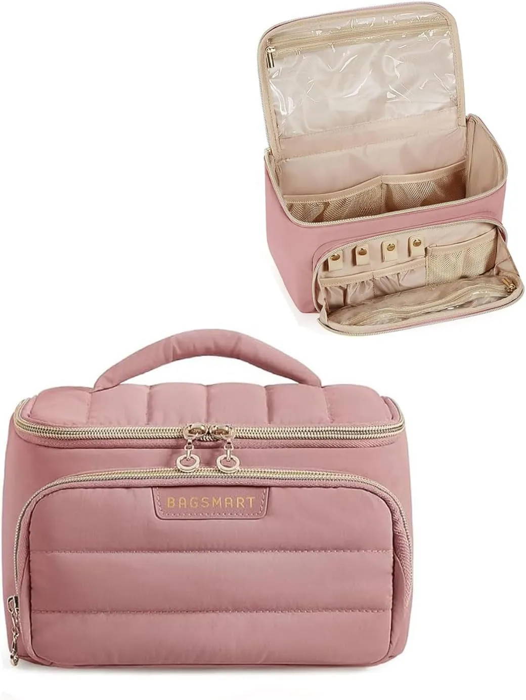 BAGSMART Travel Makeup Bag with Jewelry Organizer, Portable Make Up Bag, Puffy Wide-Opening Cosmetic Storage Pouch for Womens Toiletries and Travel Essentials (Dark Pink)