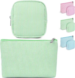 Breteil 2PCS Small Makeup Bag for Purse Cute Make up Bag with Mini Cosmetic Bag with Slip-in Pockets Candy Stripes Makeup Pouch Birthday Gifts - Green