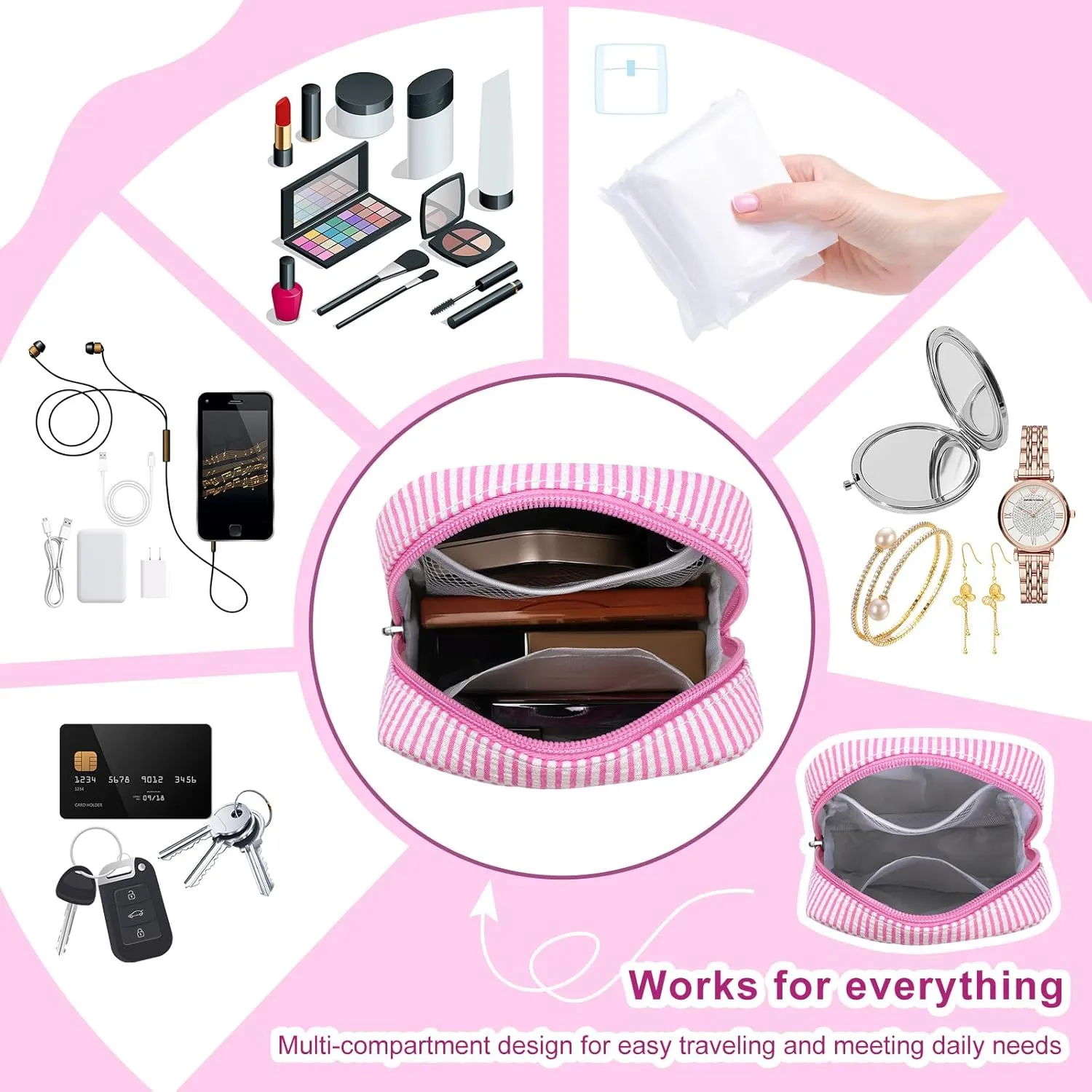 Breteil Small Makeup Bag for Purse Mini Cosmetic Bag with Slip-in Pockets Cute Travel Makeup Pouch for Women Friend Preppy Stuff - Pink