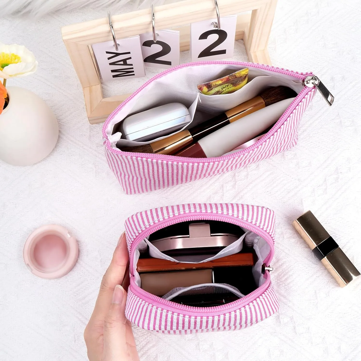 Breteil Small Makeup Bag for Purse Mini Cosmetic Bag with Slip-in Pockets Cute Travel Makeup Pouch for Women Friend Preppy Stuff - Pink