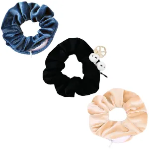 BSEKT Zipper Scrunchies, Pocket Scrunchie, SECRET & HIDDEN, Velvet Hair Ties Bracelet, Compatible with Apple AirPods 2 & 1, Key Money Chapstick Storage Bag, Elastics Hair Band (Grey Black Beige)