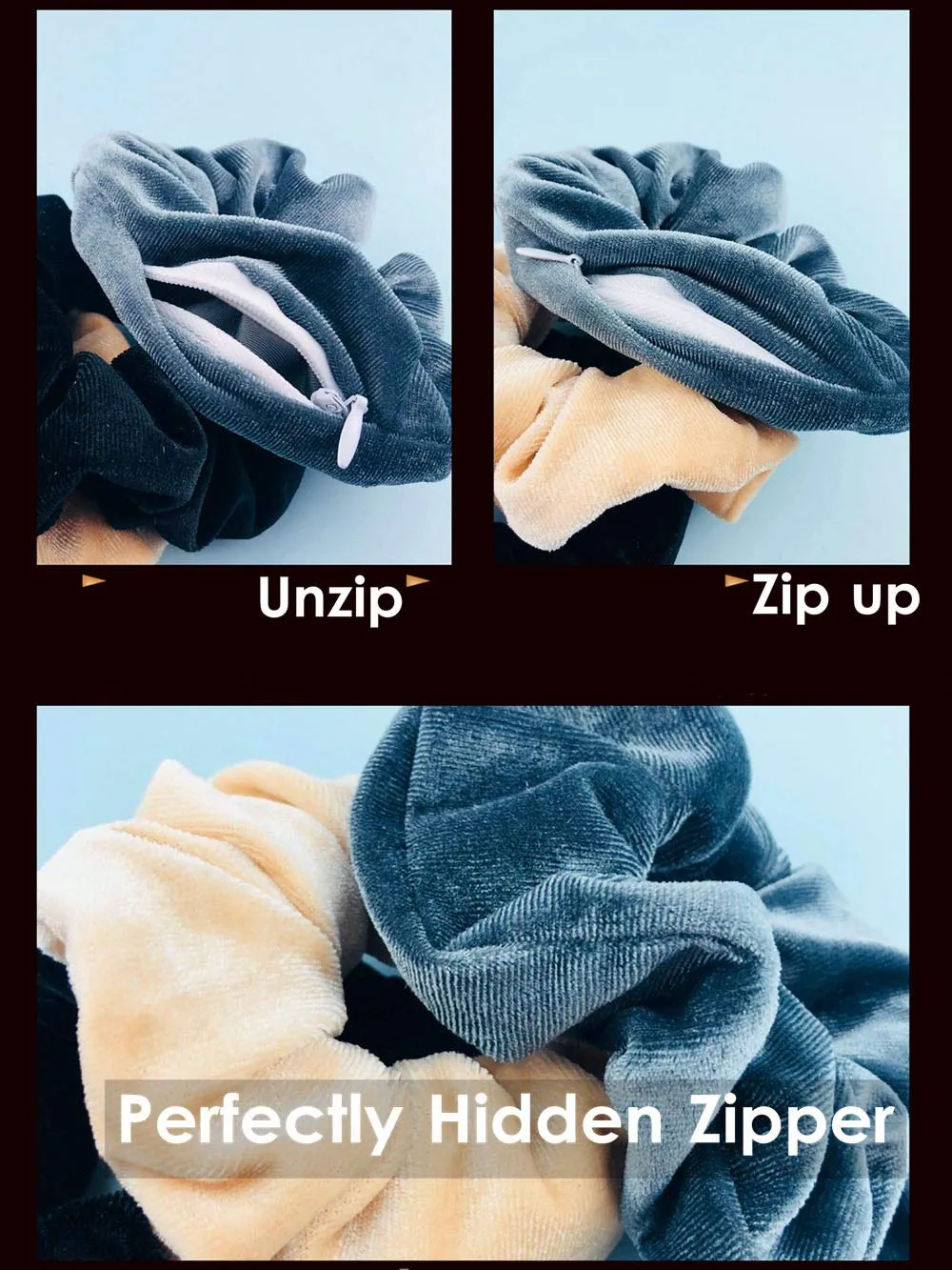 BSEKT Zipper Scrunchies, Pocket Scrunchie, SECRET & HIDDEN, Velvet Hair Ties Bracelet, Compatible with Apple AirPods 2 & 1, Key Money Chapstick Storage Bag, Elastics Hair Band (Grey Black Beige)
