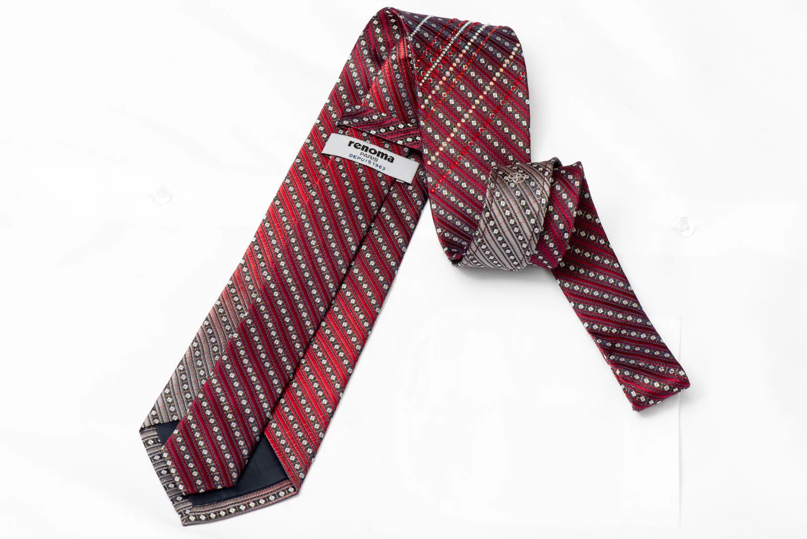 Burgundy Red & Silver Rhinestone Silk Necktie With Silver Sparkles