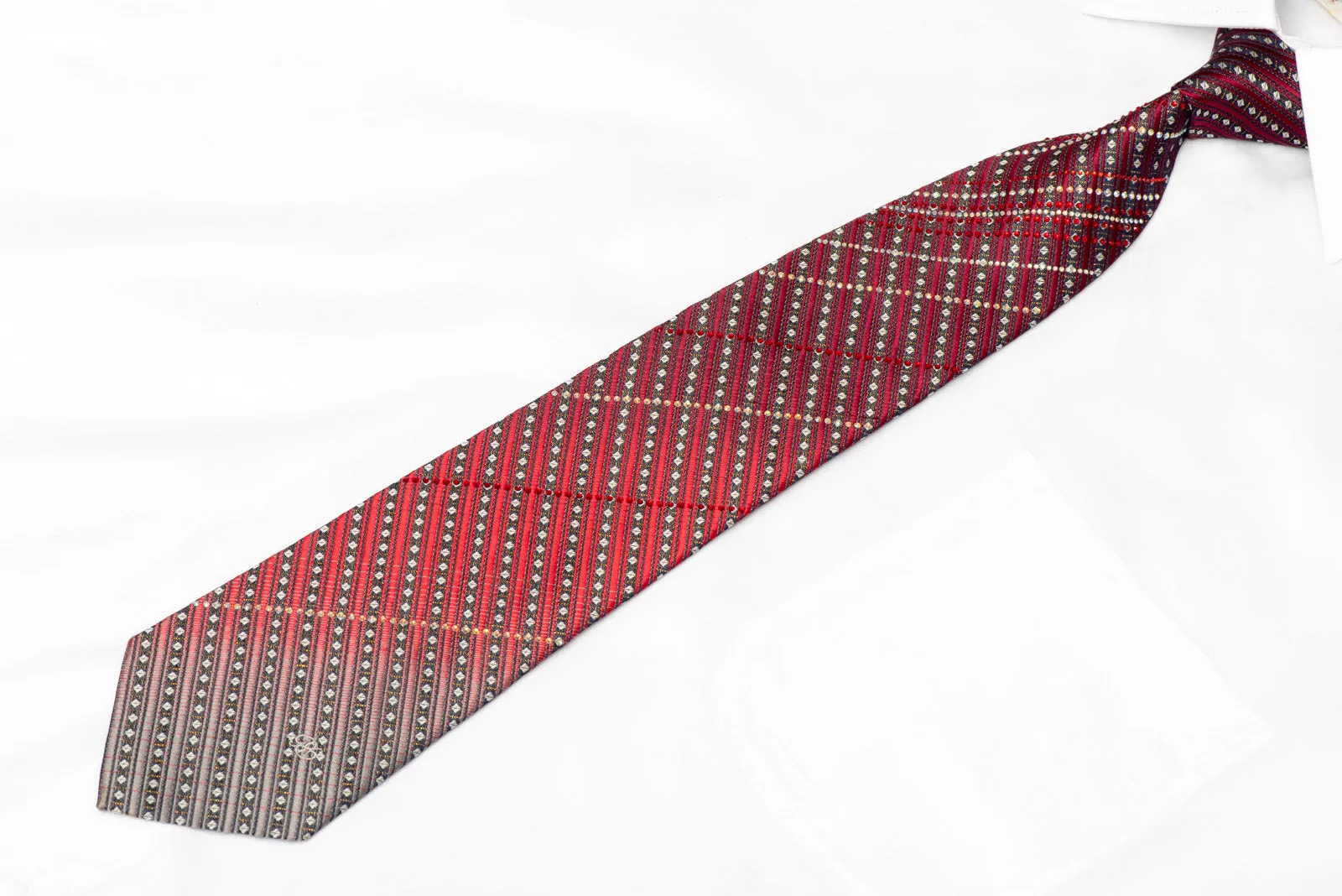 Burgundy Red & Silver Rhinestone Silk Necktie With Silver Sparkles