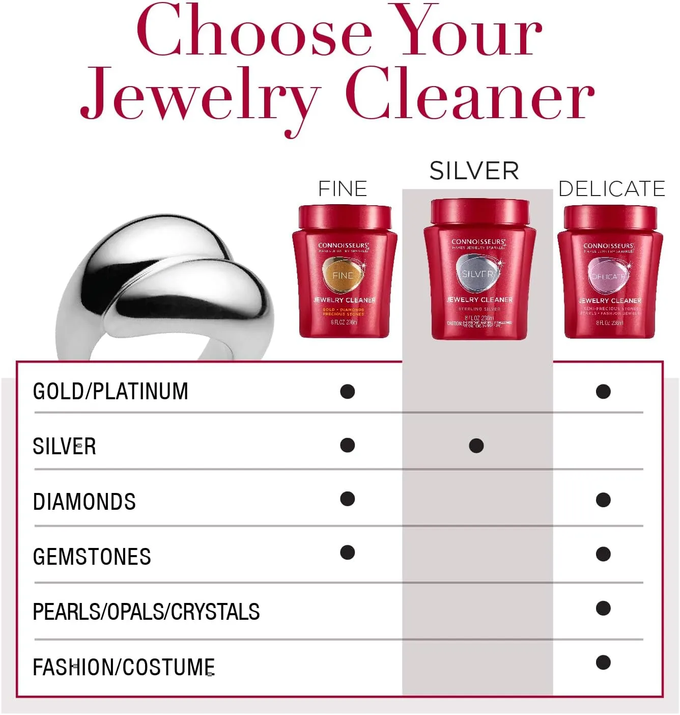 CONNOISSEURS Premium Edition Jewelry Cleaner, Value Size 9.6oz - Pick from Fine, Silver or Delicate Jewelry Cleaner