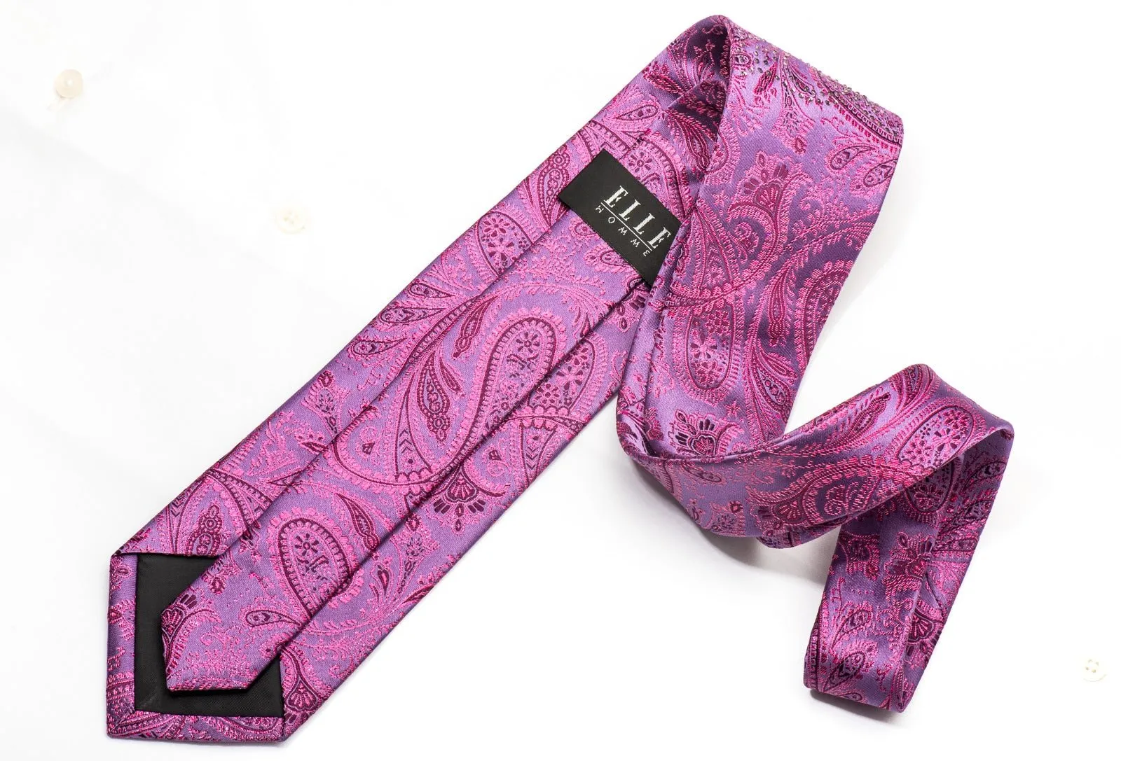Elle Homme Mens Crystal Rhinestone Silk Necktie Pink Paisley On Purple With Purple Sparkles