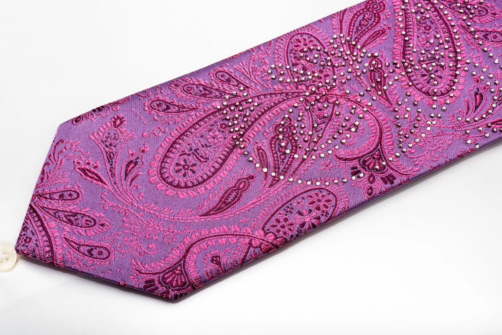 Elle Homme Mens Crystal Rhinestone Silk Necktie Pink Paisley On Purple With Purple Sparkles