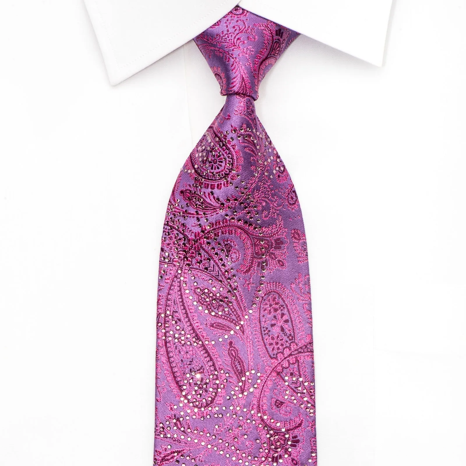 Elle Homme Mens Crystal Rhinestone Silk Necktie Pink Paisley On Purple With Purple Sparkles