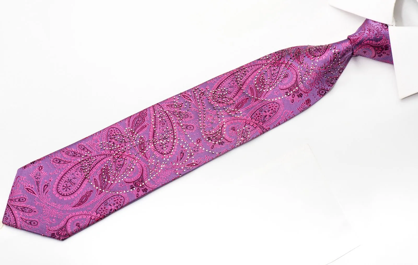 Elle Homme Mens Crystal Rhinestone Silk Necktie Pink Paisley On Purple With Purple Sparkles