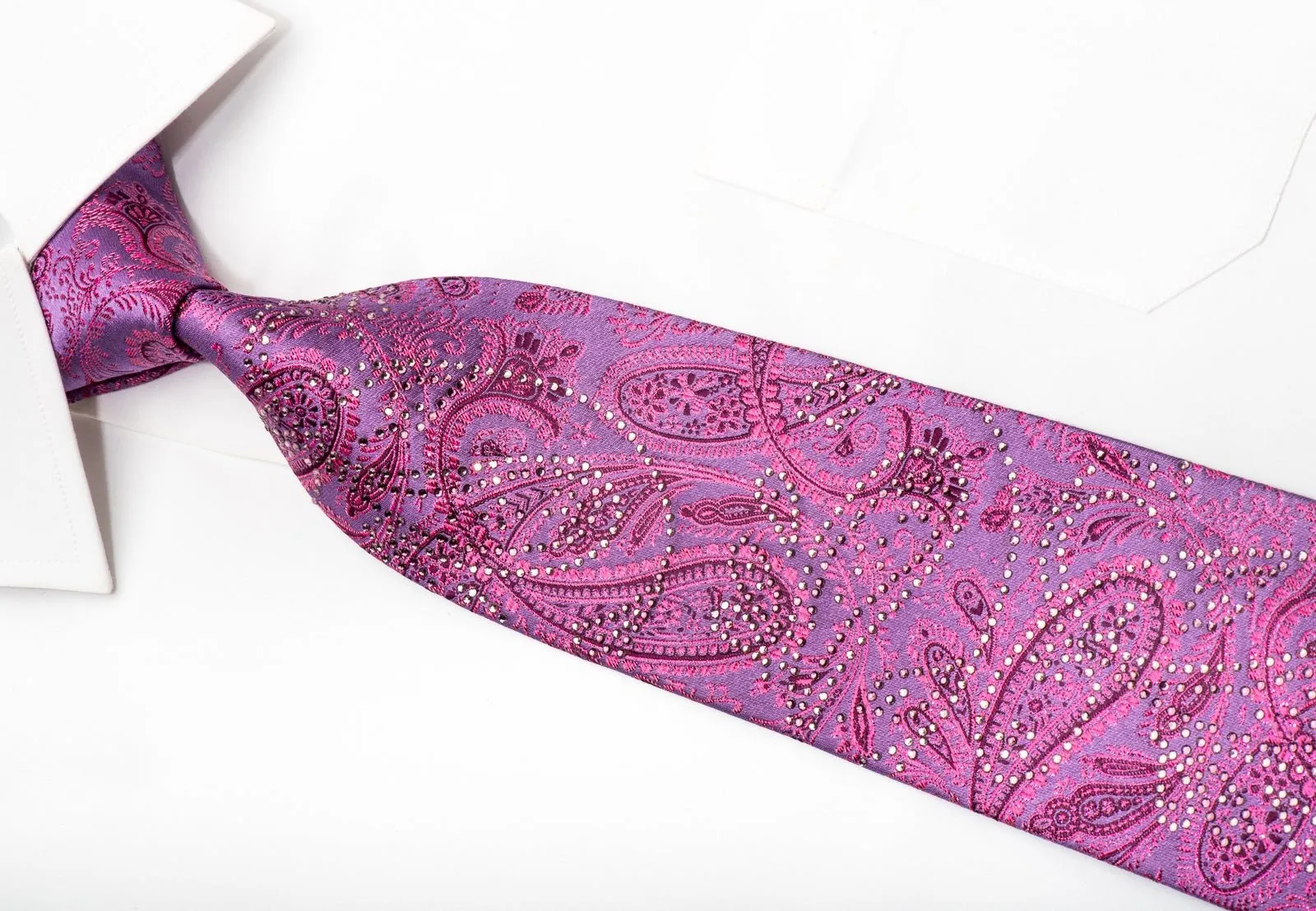 Elle Homme Mens Crystal Rhinestone Silk Necktie Pink Paisley On Purple With Purple Sparkles