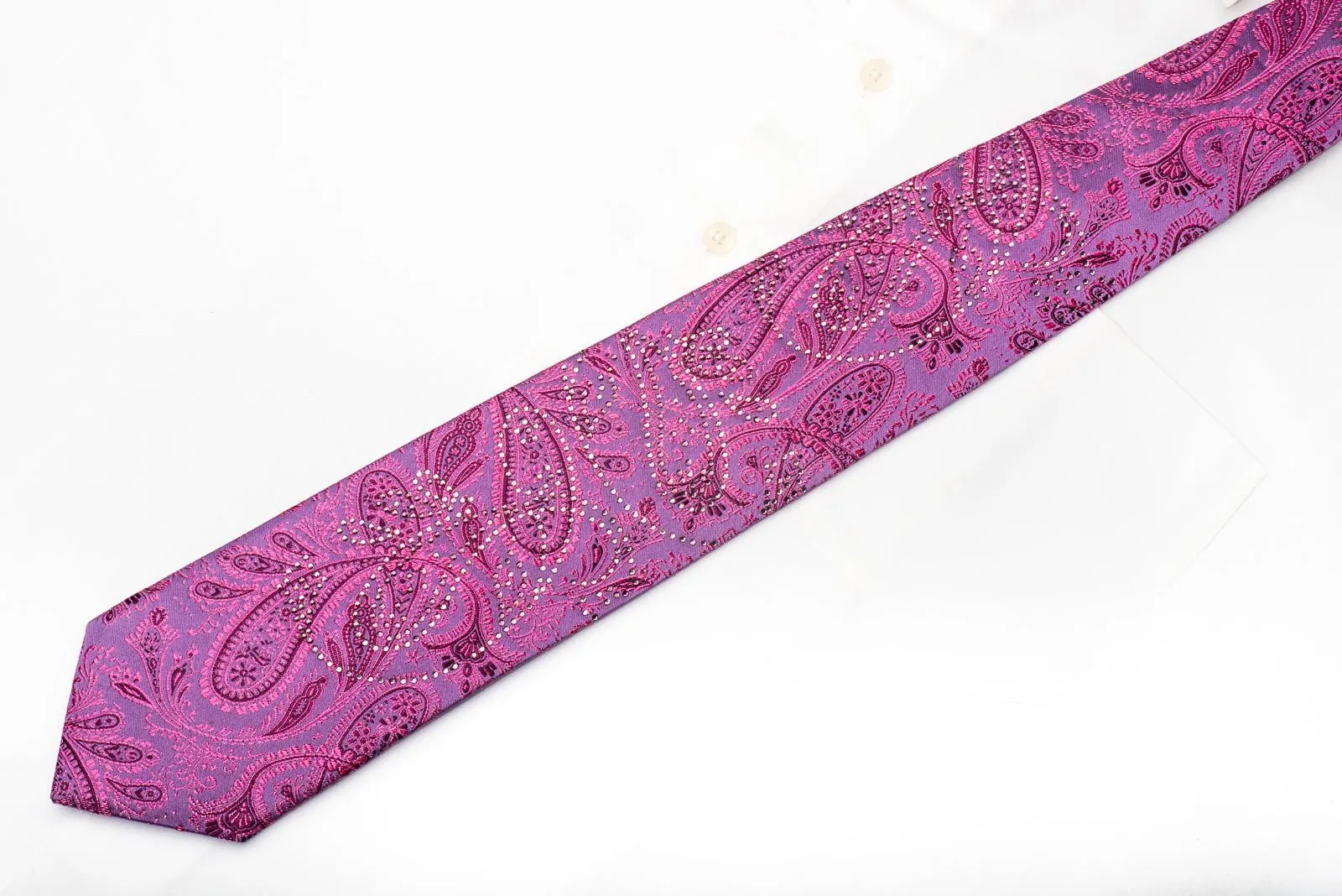Elle Homme Mens Crystal Rhinestone Silk Necktie Pink Paisley On Purple With Purple Sparkles