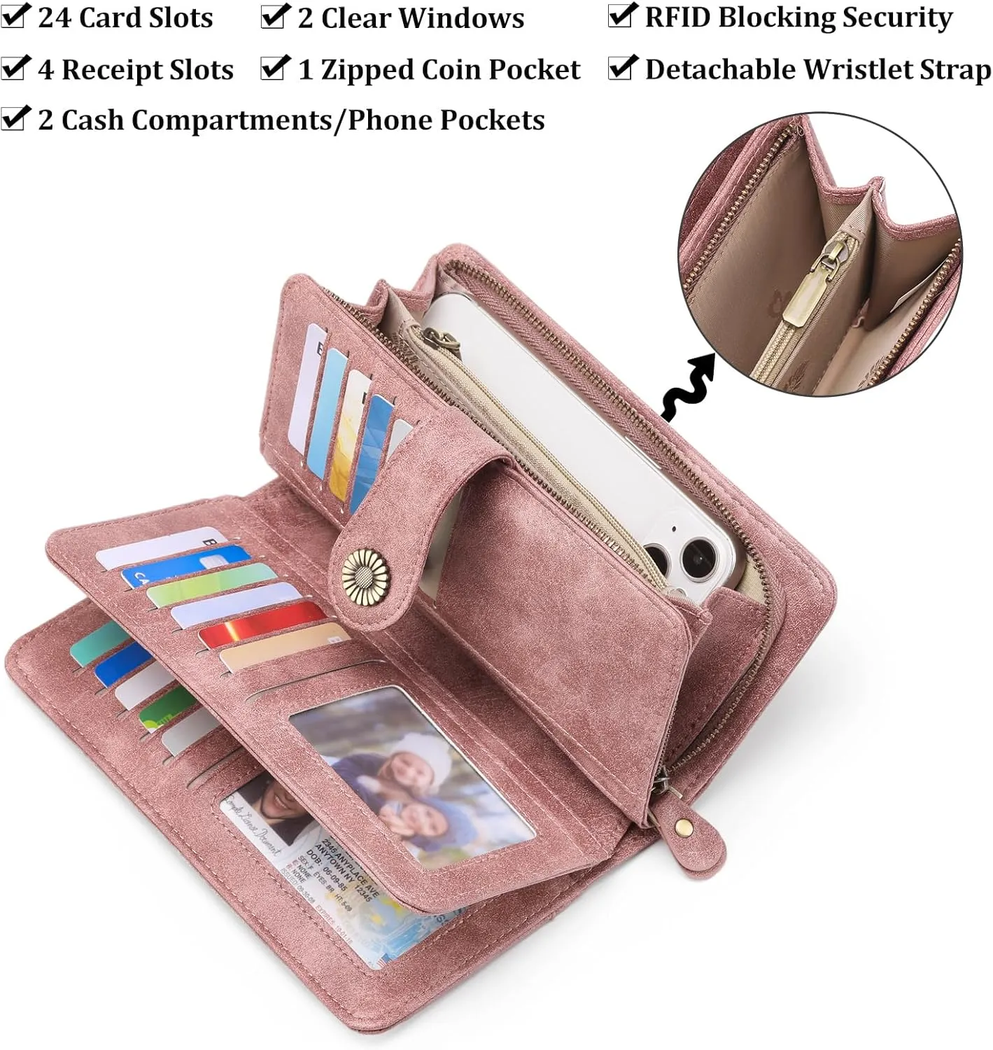 FALAN MULE Women Genuine Leather Wallet Large Capacity Bifold RFID Blocking Card Holder with Zipper Coin Pocket