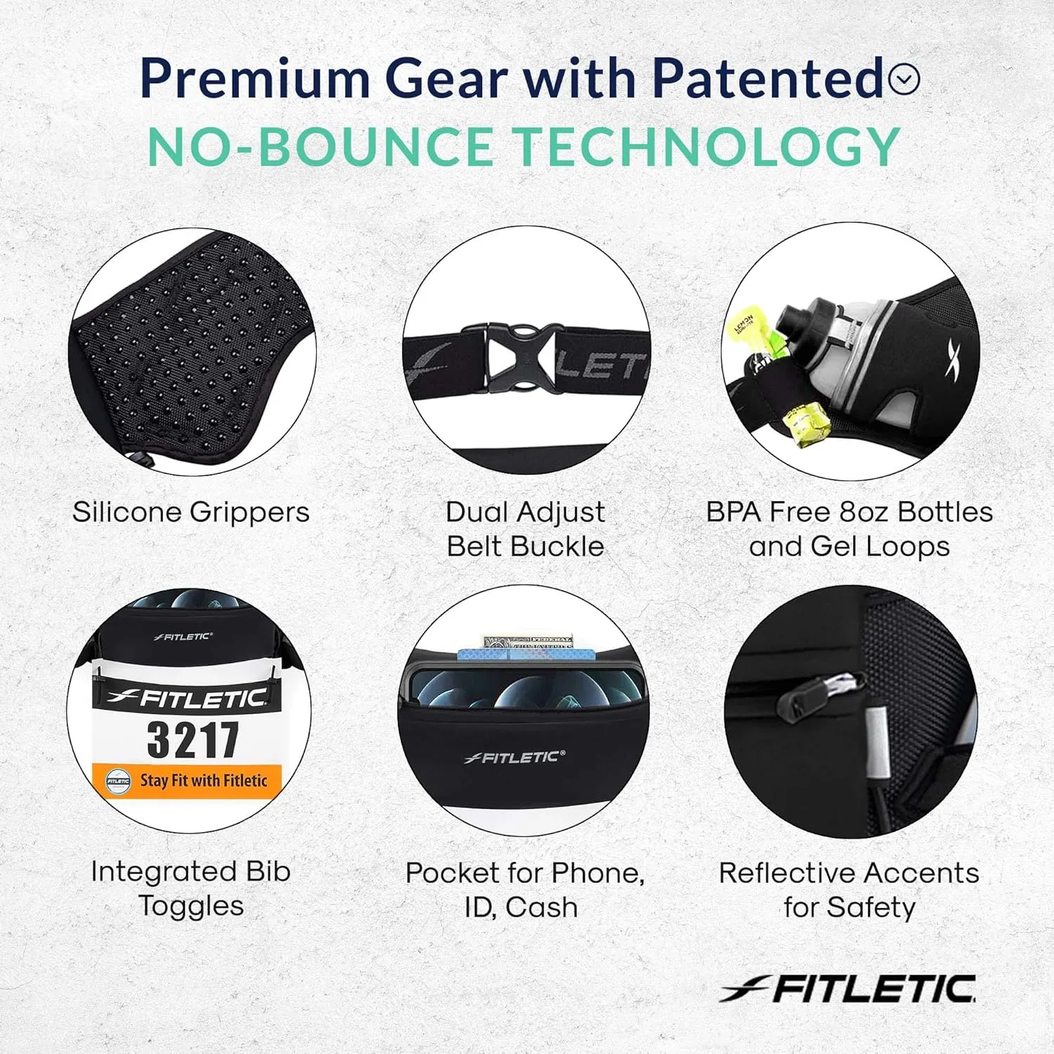 Fitletic Hydration Running Belt with Water Bottles for Men & Women  2 Quick Flow 8oz Running Water Bottles, Patented Bounce Free Design, Water Resistant Pouch Fits All Phones  Hydra 16