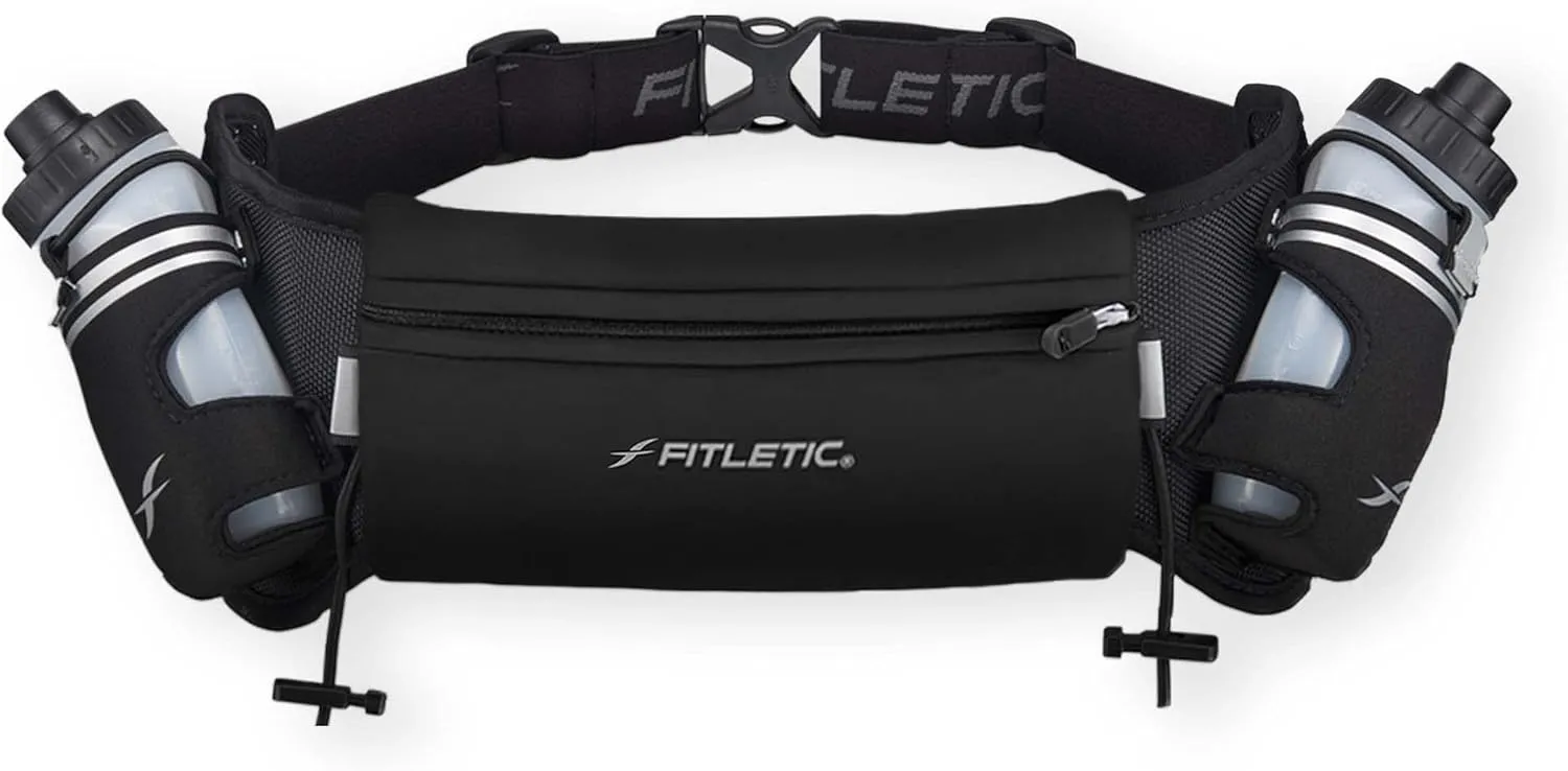 Fitletic Hydration Running Belt with Water Bottles for Men & Women  2 Quick Flow 8oz Running Water Bottles, Patented Bounce Free Design, Water Resistant Pouch Fits All Phones  Hydra 16