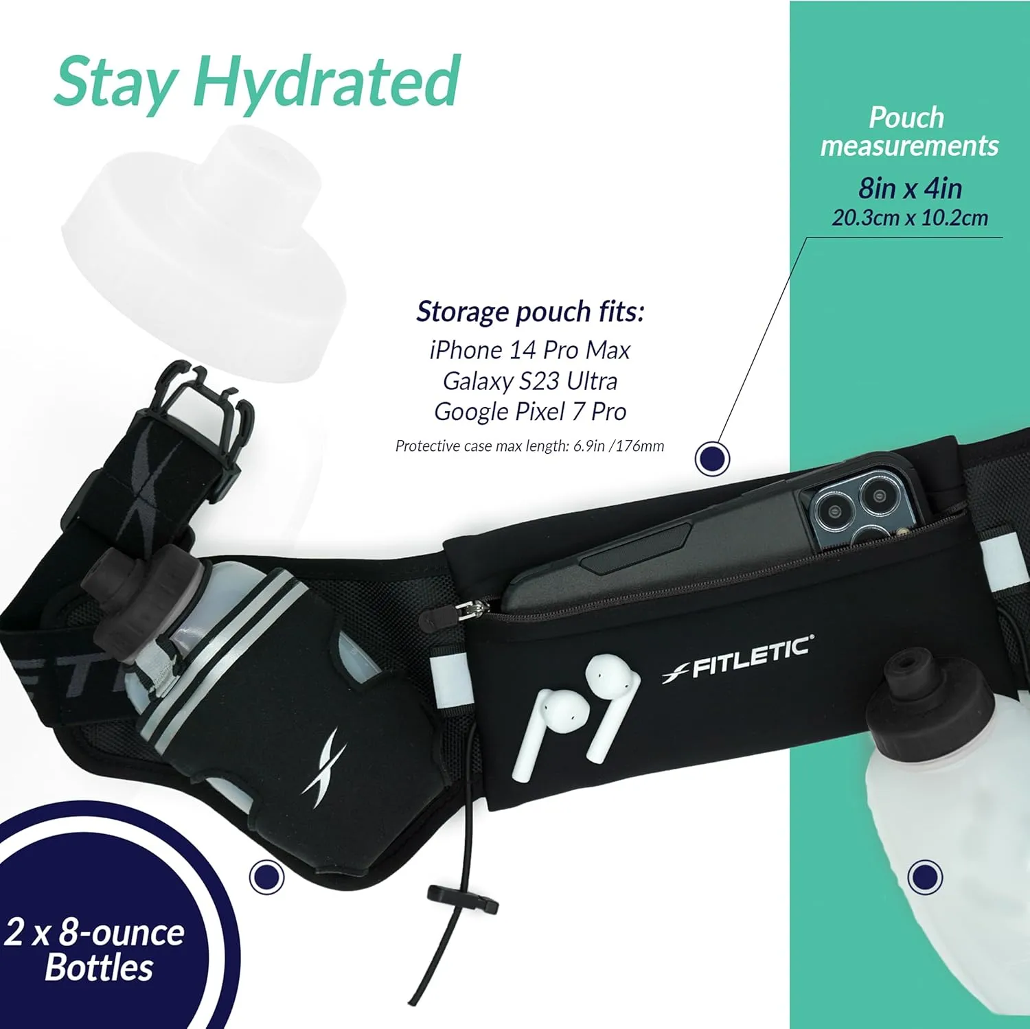 Fitletic Hydration Running Belt with Water Bottles for Men & Women  2 Quick Flow 8oz Running Water Bottles, Patented Bounce Free Design, Water Resistant Pouch Fits All Phones  Hydra 16