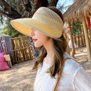 Foldable Women's Sun Hat Bucket Cap Beige Lace Bowknot Flowers Ribbon Flat Top Soft Hat Beach Caps