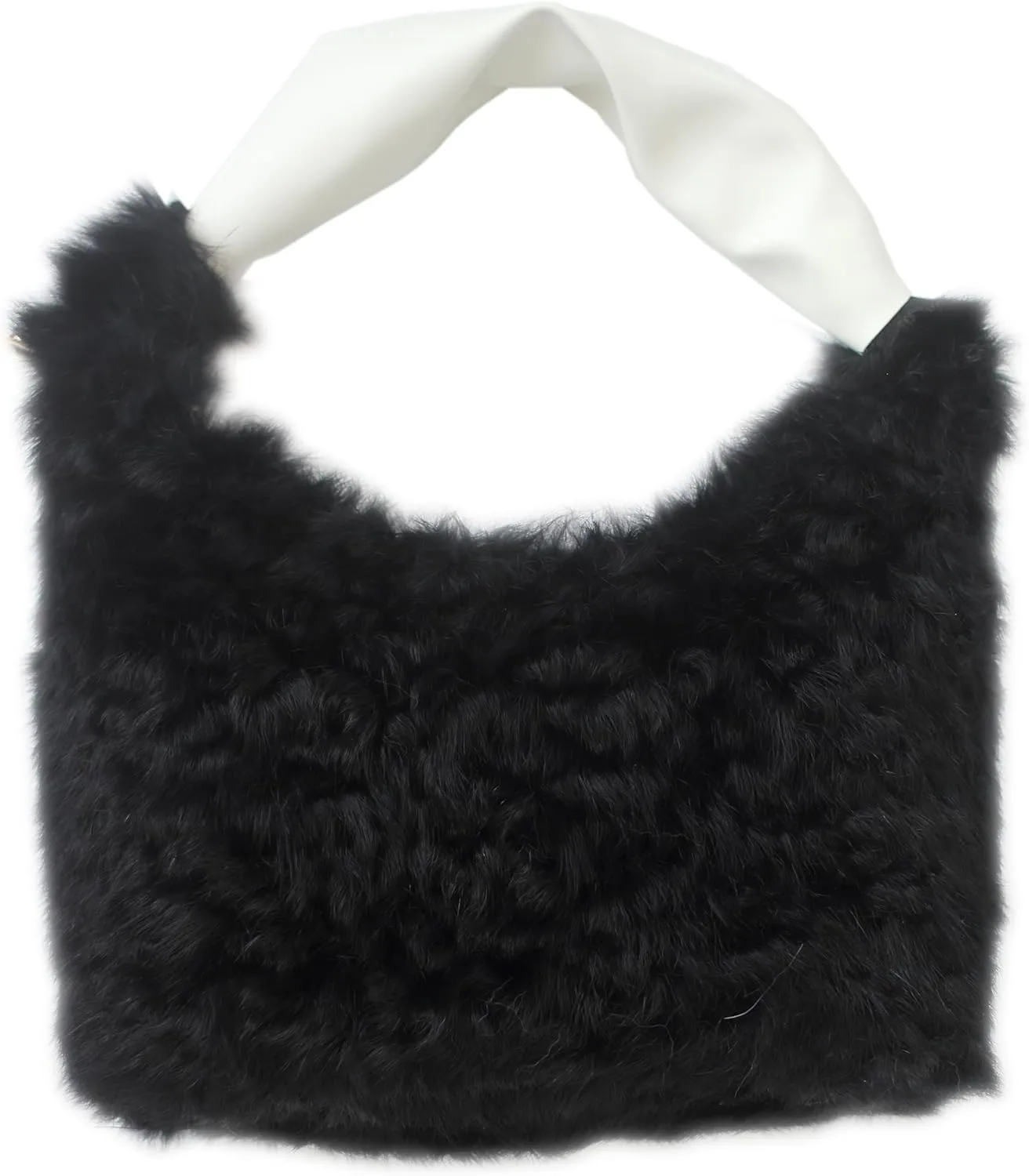 Fosrion Real Rabbit Fur Mini Top Handle Bag, Faux Karakul Lambskin Texture, Small Fluffy Clutch Purse for Women