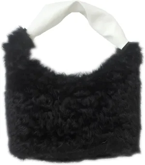 Fosrion Real Rabbit Fur Mini Top Handle Bag, Faux Karakul Lambskin Texture, Small Fluffy Clutch Purse for Women