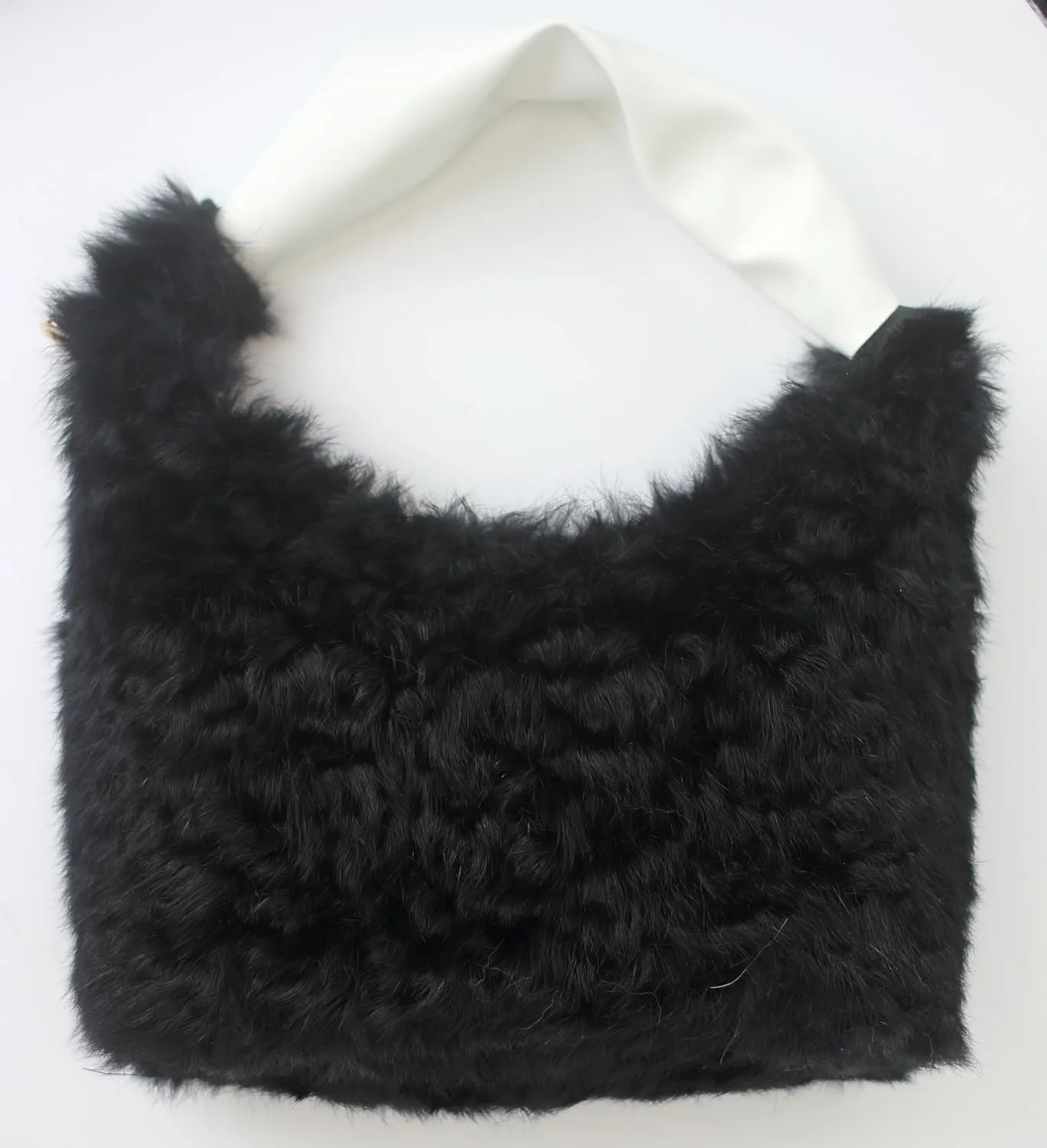 Fosrion Real Rabbit Fur Mini Top Handle Bag, Faux Karakul Lambskin Texture, Small Fluffy Clutch Purse for Women