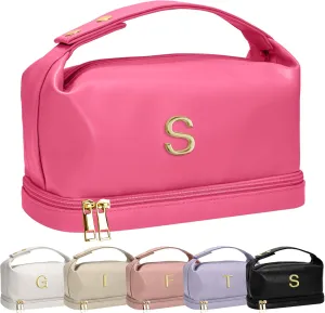 Gifts for Women 50s, Personalized Makeup Bag with Handle, Initial Double Layer Cosmetic Bag with Makeup Brush Organizer, Cute Cosmetic Pouch for Women, Gifts for Friends Female Mom